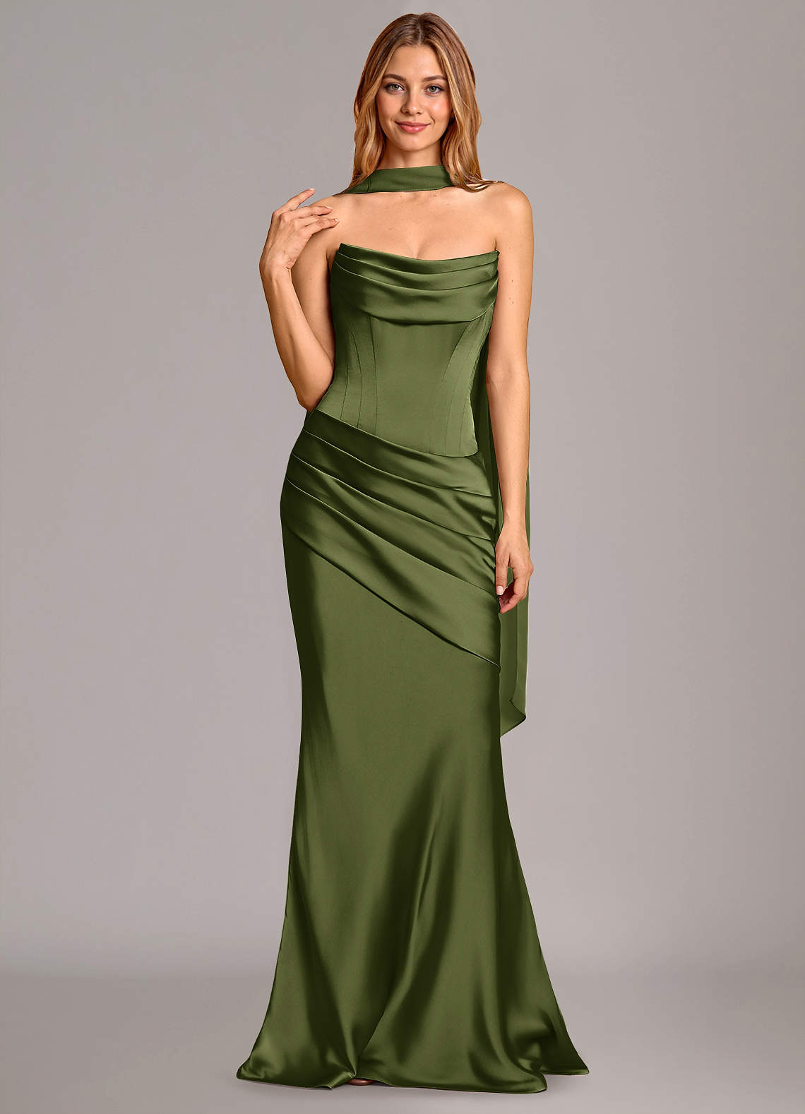 Pelagia Mermaid Cowl-Neck Stretch Satin Bridesmaid Dress in Olive