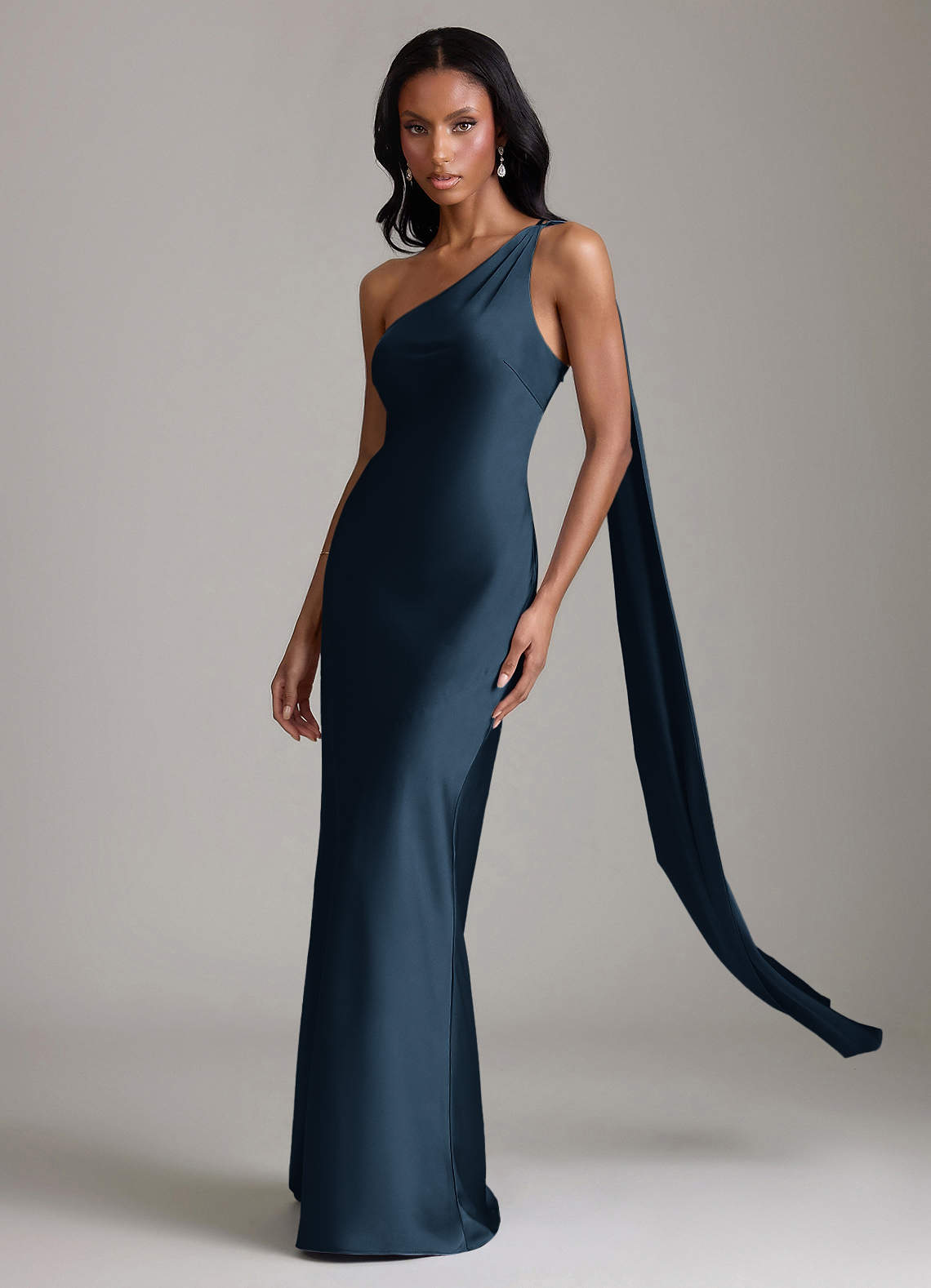 Juniper Mermaid One-Shoulder Stretch Satin Bridesmaid Dress in Dark Navy