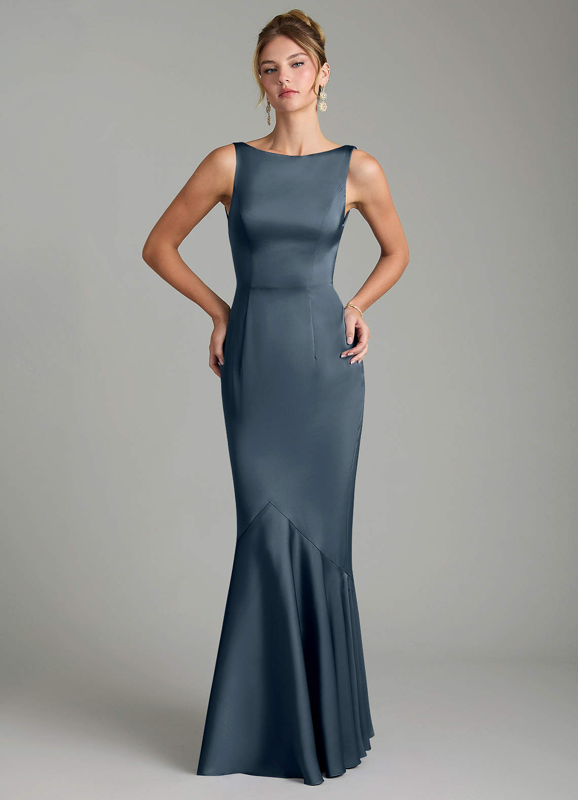 Tamera Mermaid Boat-Neck Stretch Satin and Chiffon Bridesmaid Dress in Twilight