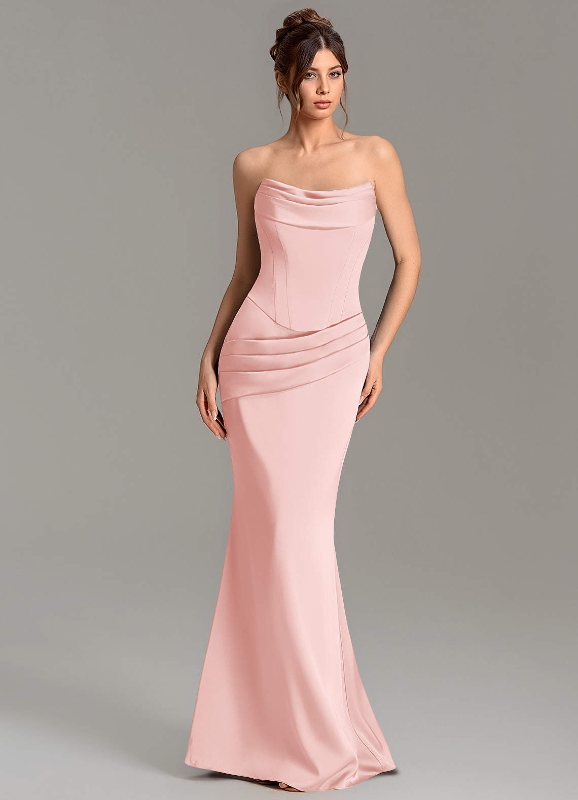 Adrienne Mermaid Cowl-Neck Stretch Satin Bridesmaid Dress in Powder Pink