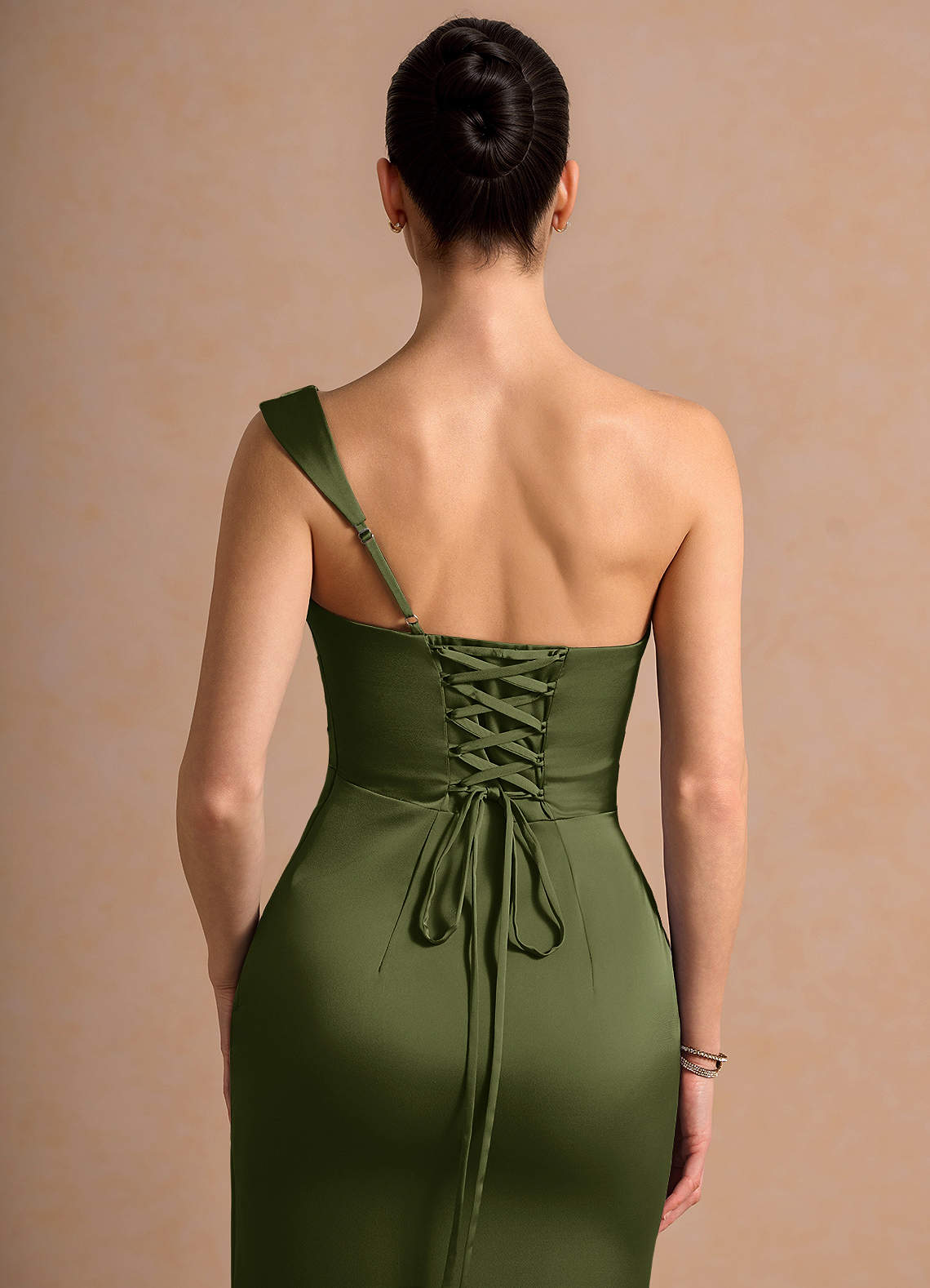 Cassiopeia One-Shoulder Draped Stretch Satin Evening Dress in Olive