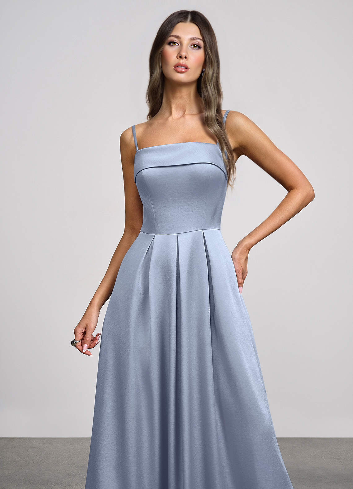 Isolde Strapless Folded-Neck Corset Luminous Satin Evening Dress in dusty blue