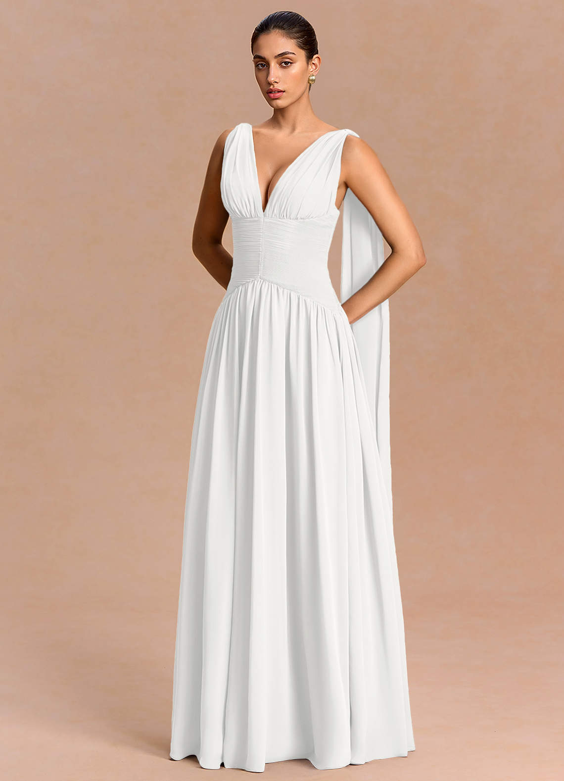 Eluney A-Line V-Neck Chiffon Evening Dress in White