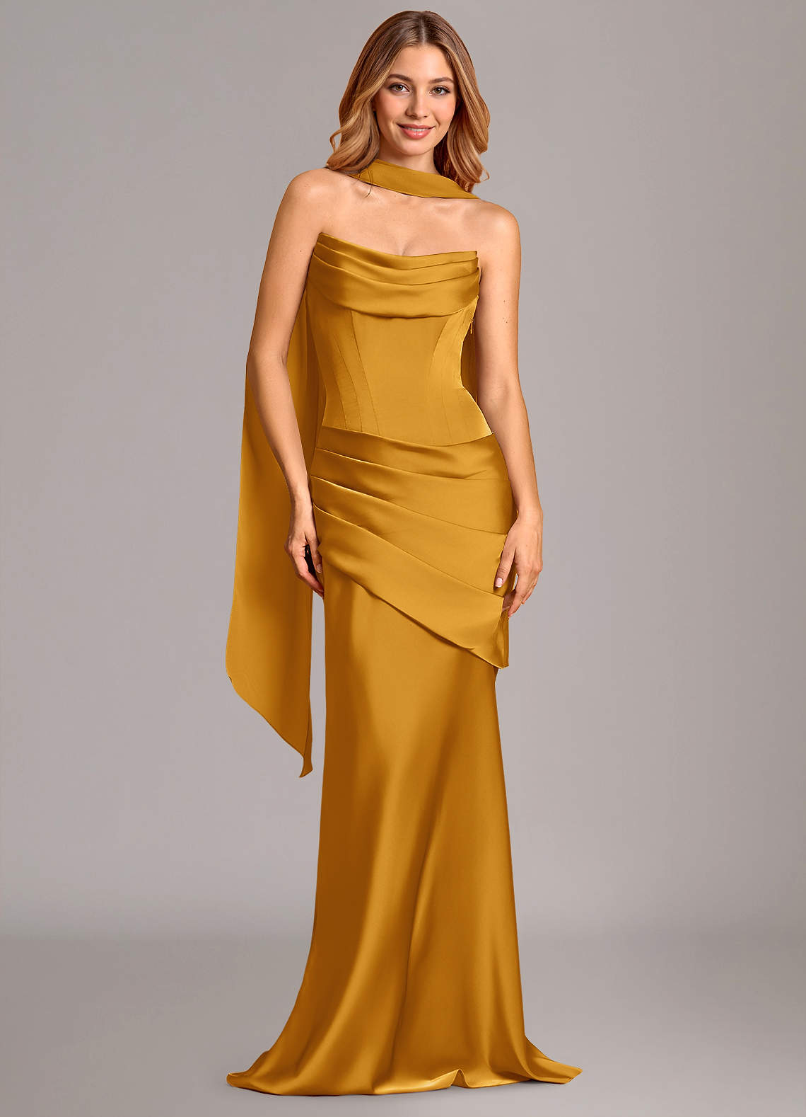 Pelagia Mermaid Cowl-Neck Stretch Satin Bridesmaid Dress in butterscotch