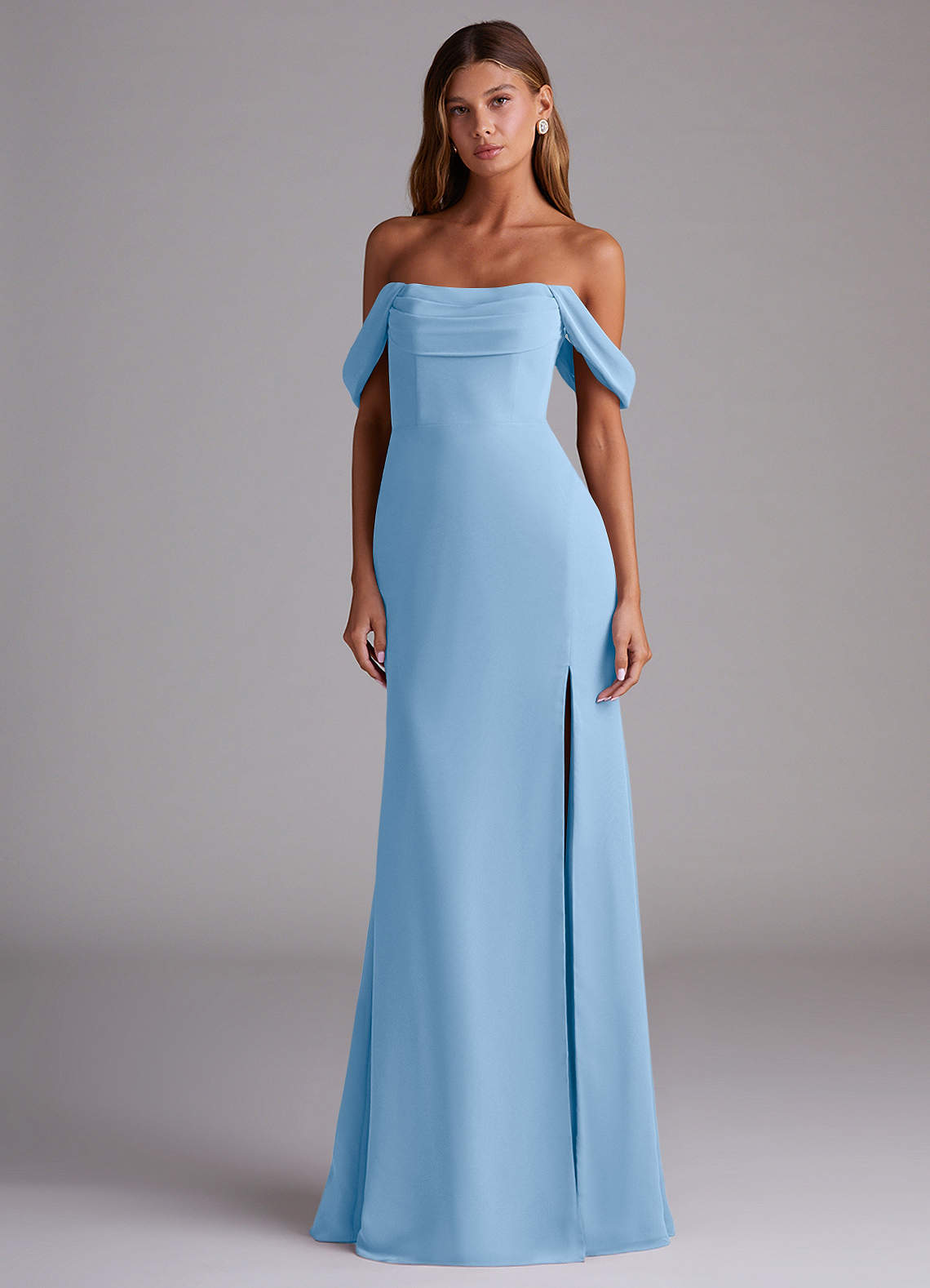 Saige A-Line Off-the-Shoulder Chiffon Bridesmaid Dress in Powder Blue