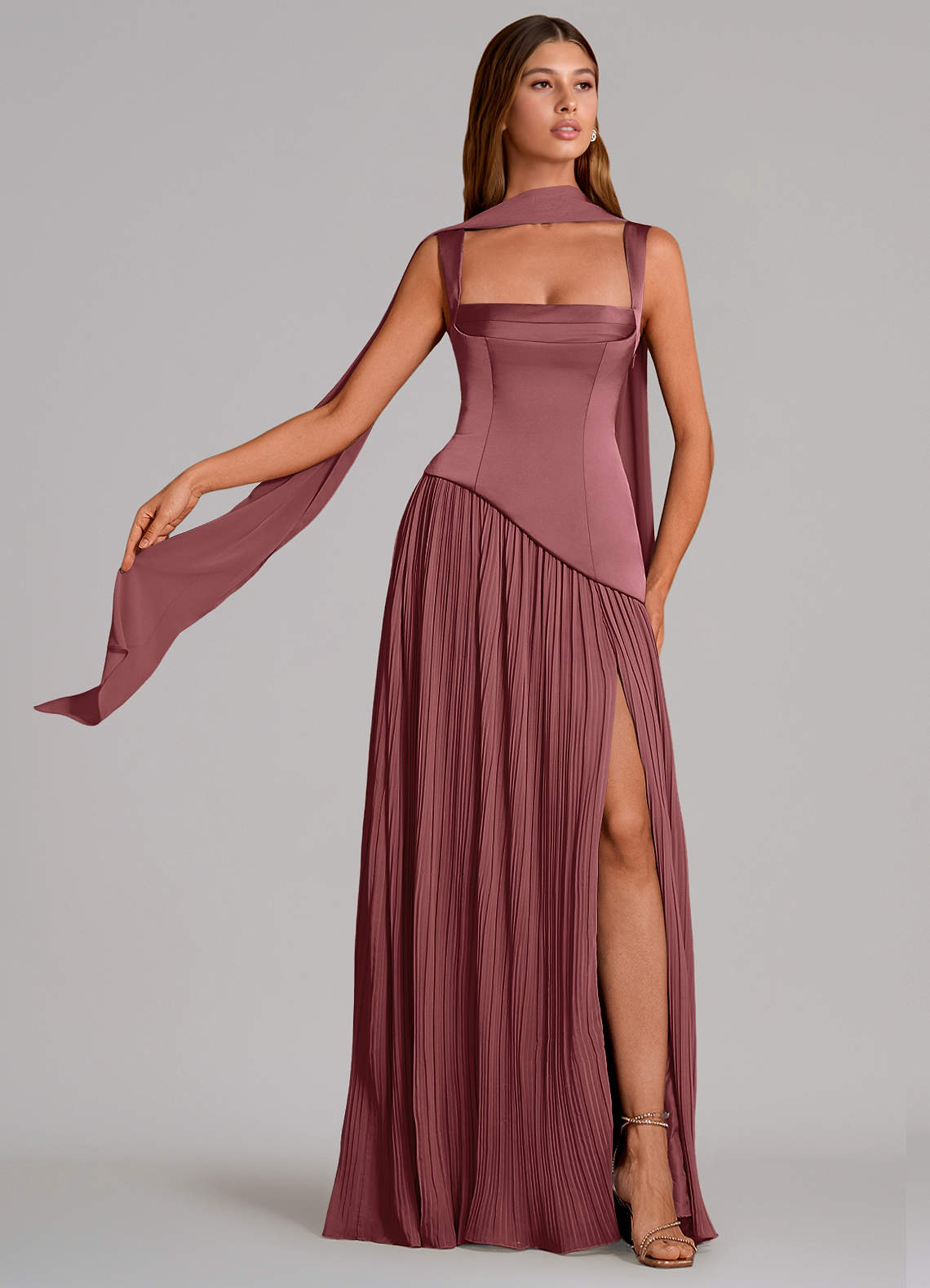 Stephanie A-Line Square-Neck Stretch Satin and Chiffon Bridesmaid Dress in Amethyst