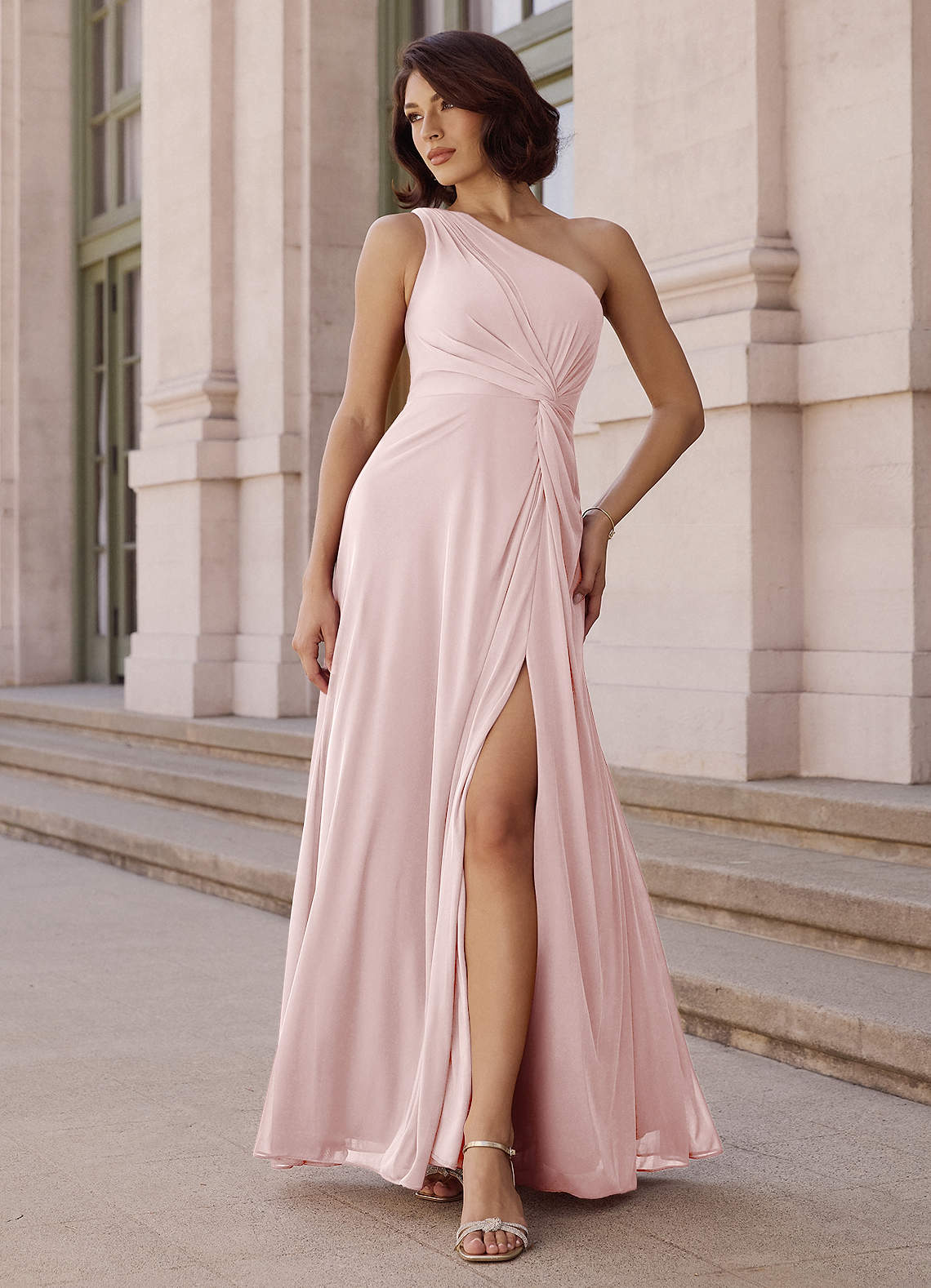 Brooke A-Line One-Shoulder Chiffon Bridesmaid Dress in Blushing Pink
