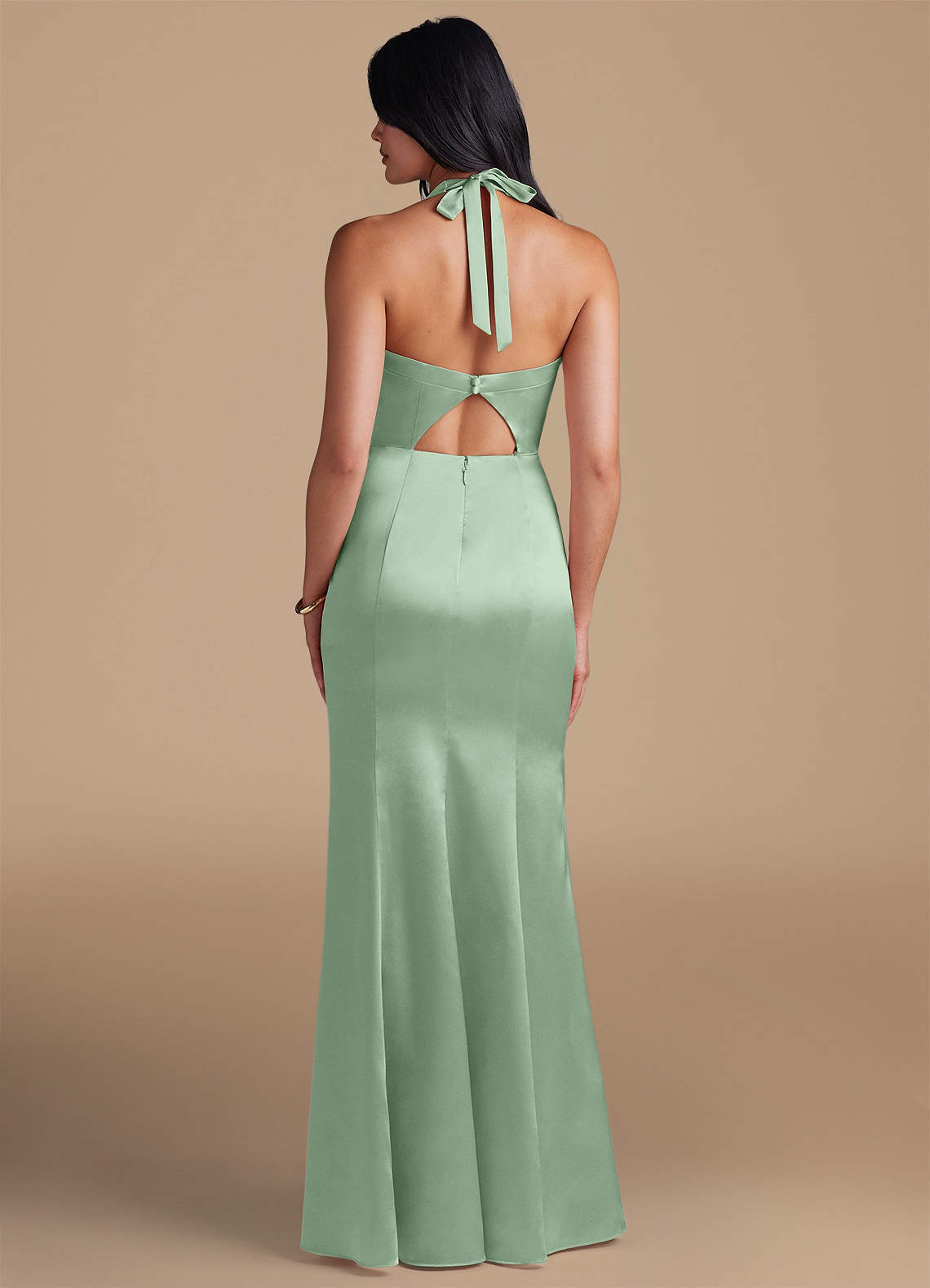 Emeria Sheath Halter Metallic Satin Bridesmaid Dress in Matcha