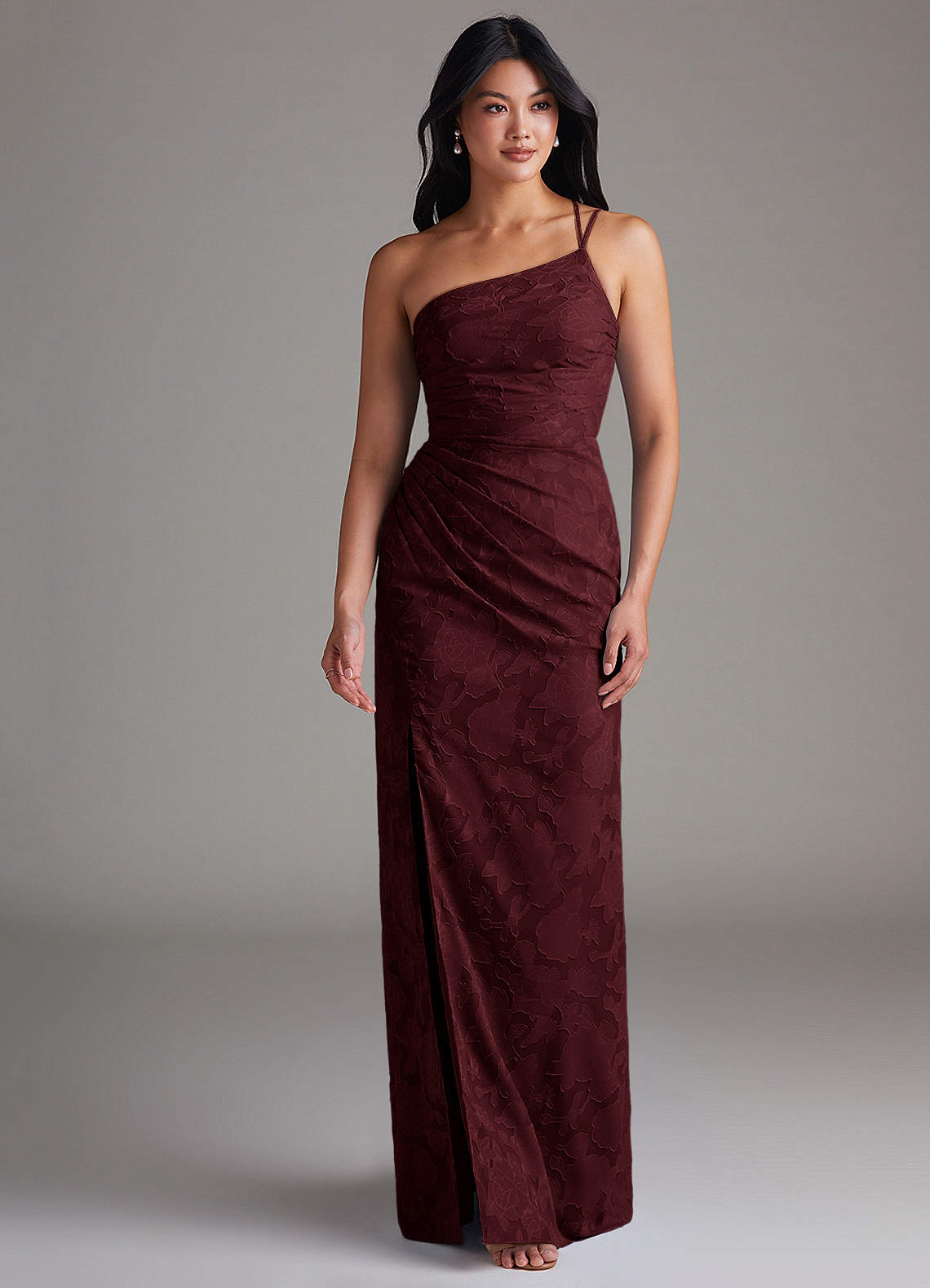 Eren Sheath One-Shoulder Floral Burnout Bridesmaid Dress in Cabernet