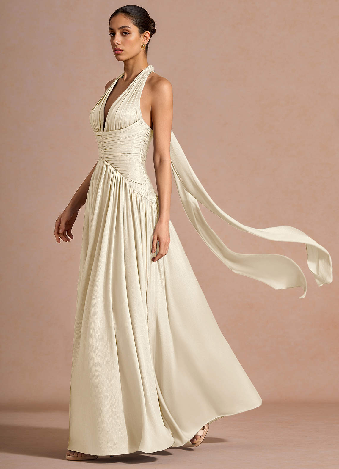 Hecate A-Line Halter Satin-Faced Chiffon Evening Dress in Cream