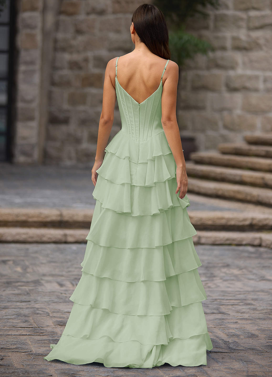 Floralace A-Line Ruffle Chiffon Evening Dress in Light Green