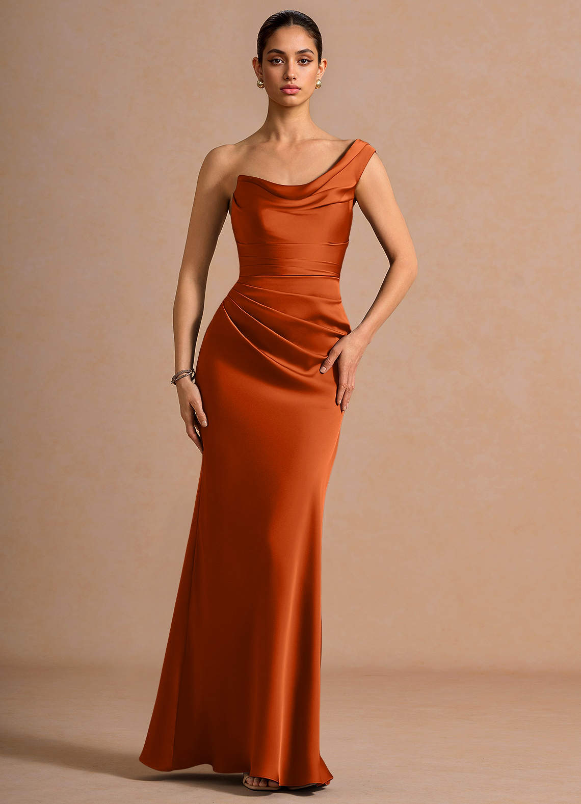 Cassiopeia One-Shoulder Draped Stretch Satin Evening Dress in Rust