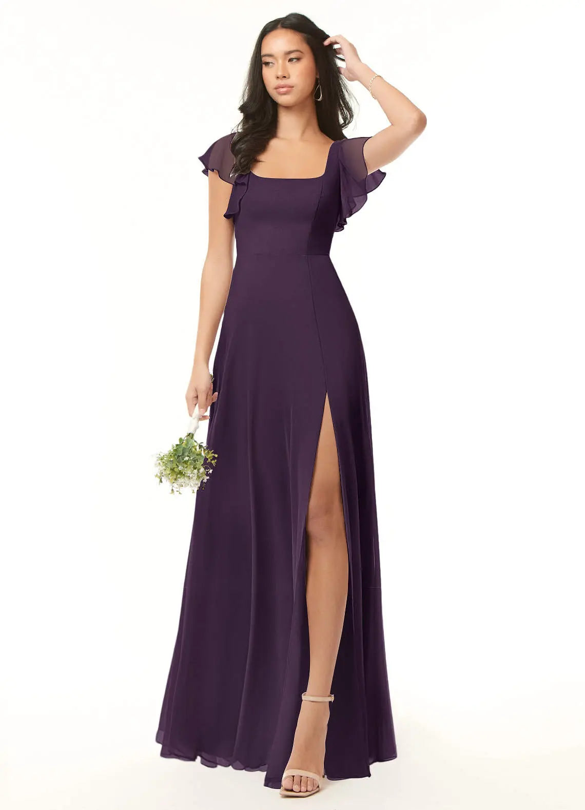 Bondi A-Line Square-Neck Chiffon Bridesmaid Dress in Plum