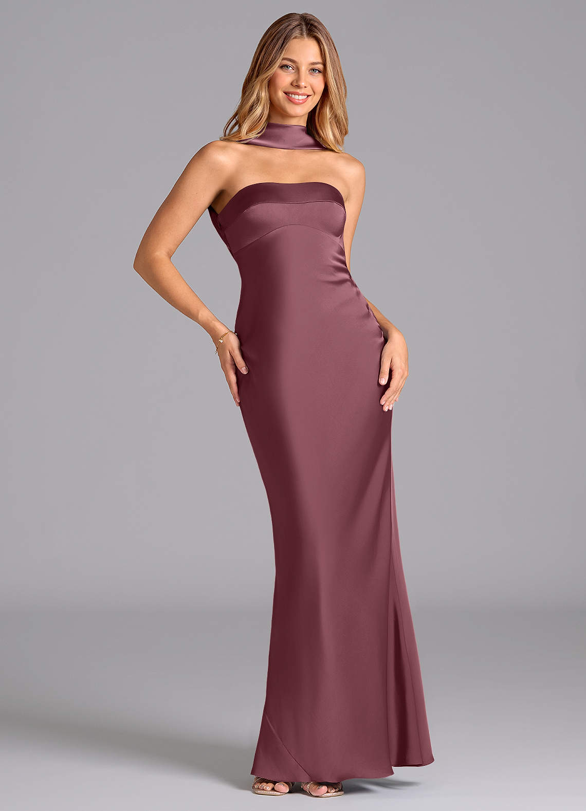 Lusinda Mermaid Strapless Stretch Satin Bridesmaid Dress in Desert Rose