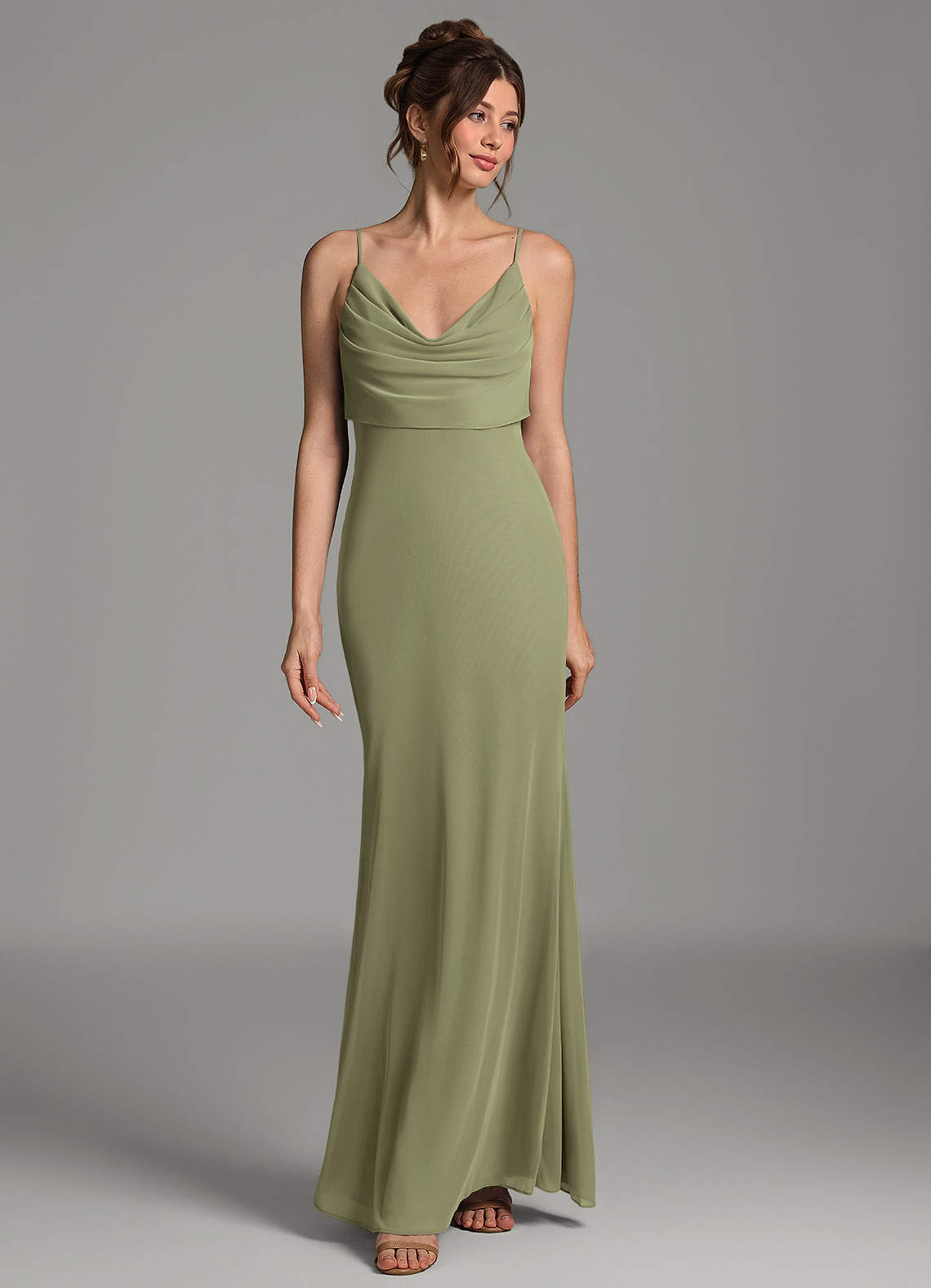 Zari Mermaid Cowl-Neck Mesh Bridesmaid Dress in Pistachio