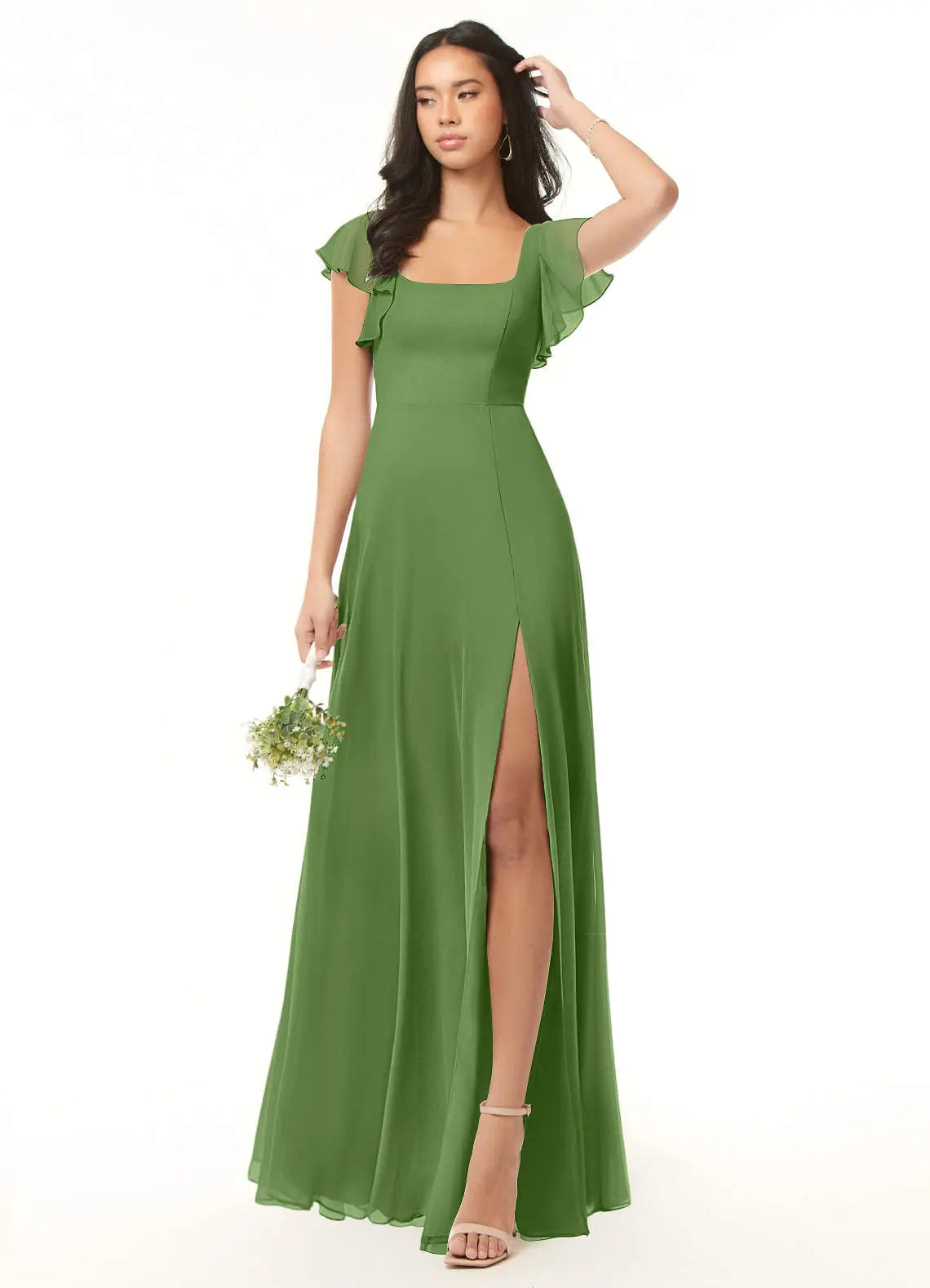 Bondi A-Line Square-Neck Chiffon Bridesmaid Dress in Basil