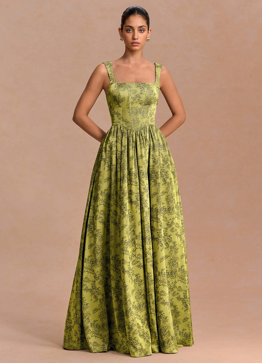 Midori A-Line Square-Neck Jacquard Evening Dress in Moss Navy