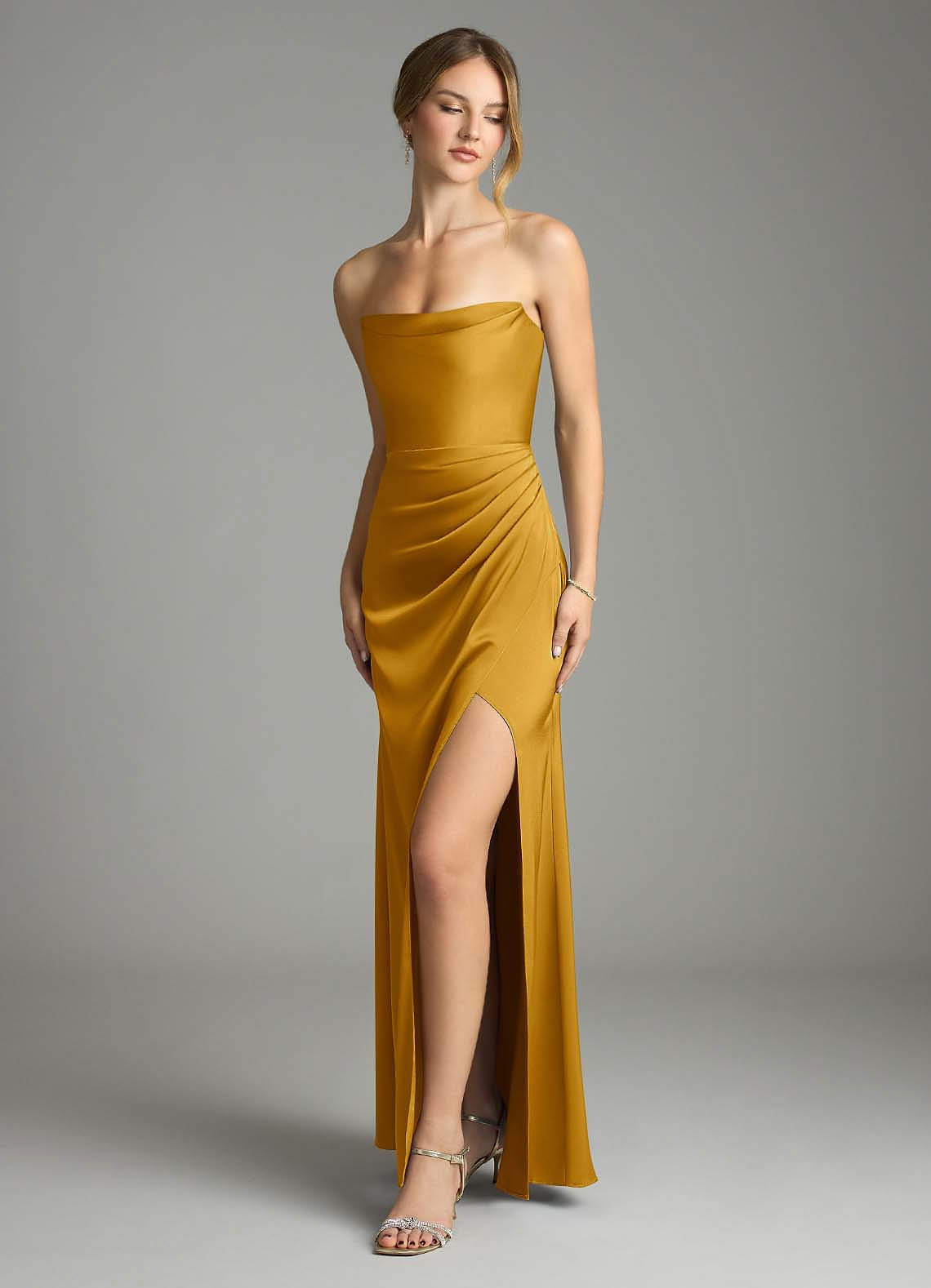 Leonis Mermaid Cowl-Neck Stretch Satin Bridesmaid Dress in butterscotch