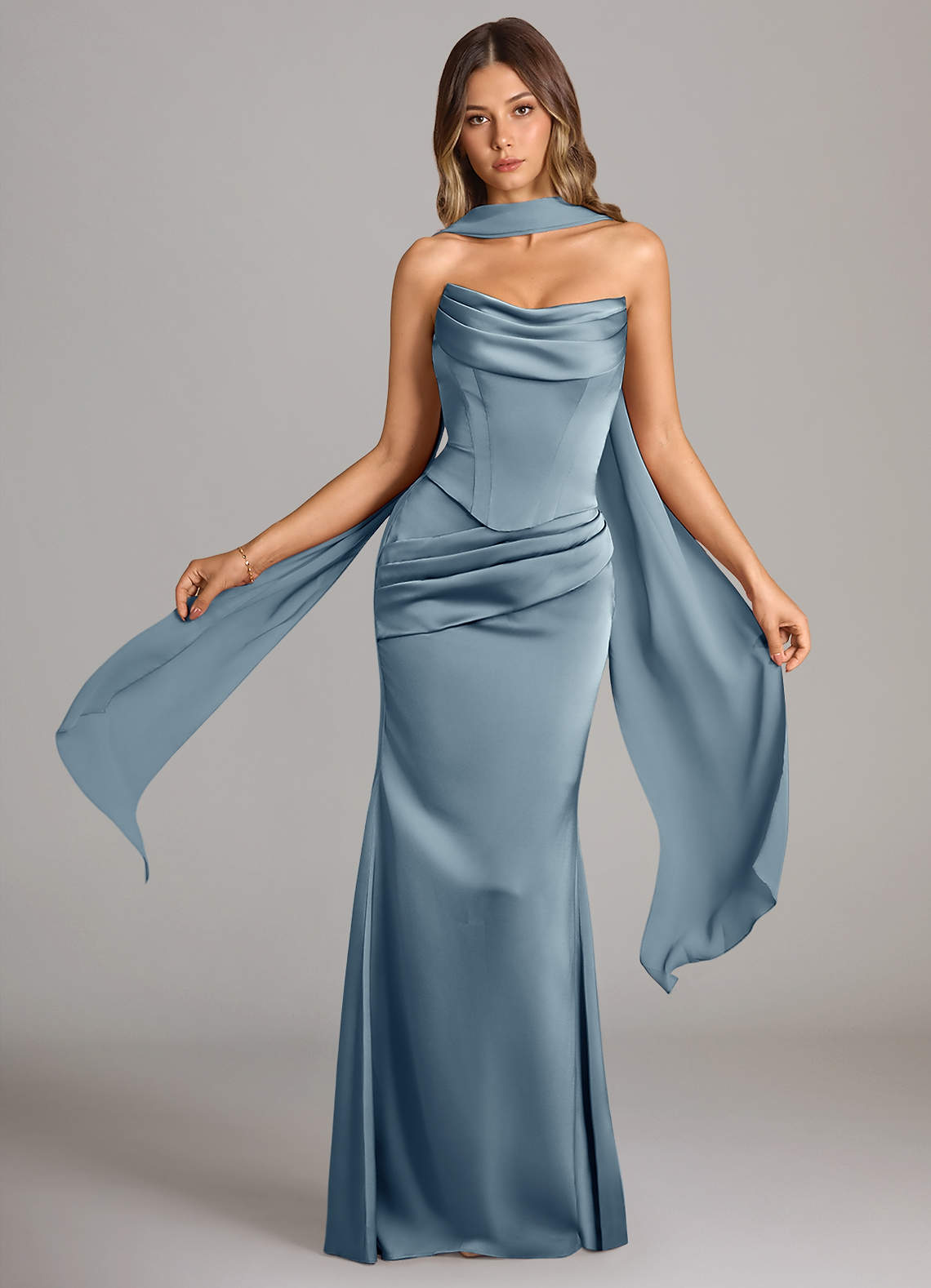 Sorrel Mermaid Cowl-Neck Stretch Satin and Chiffon Bridesmaid Dress in dusty blue