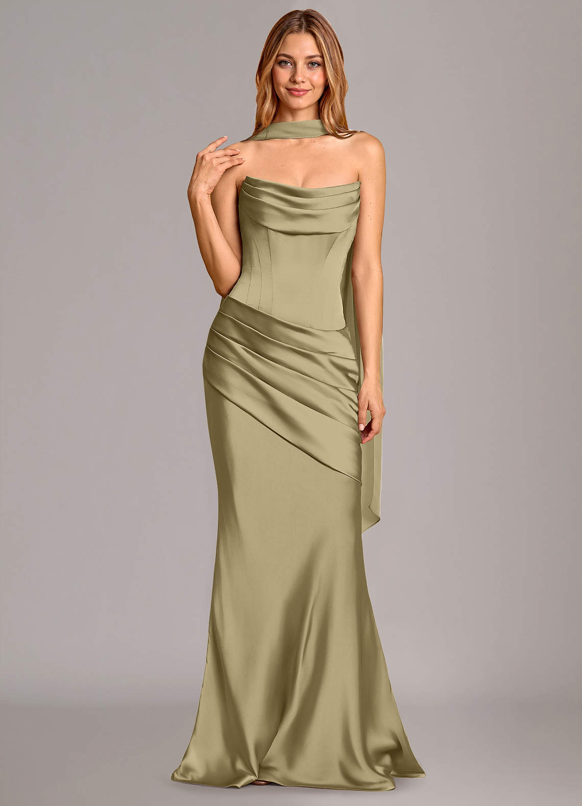 Pelagia Mermaid Cowl-Neck Stretch Satin Bridesmaid Dress in Moss Green