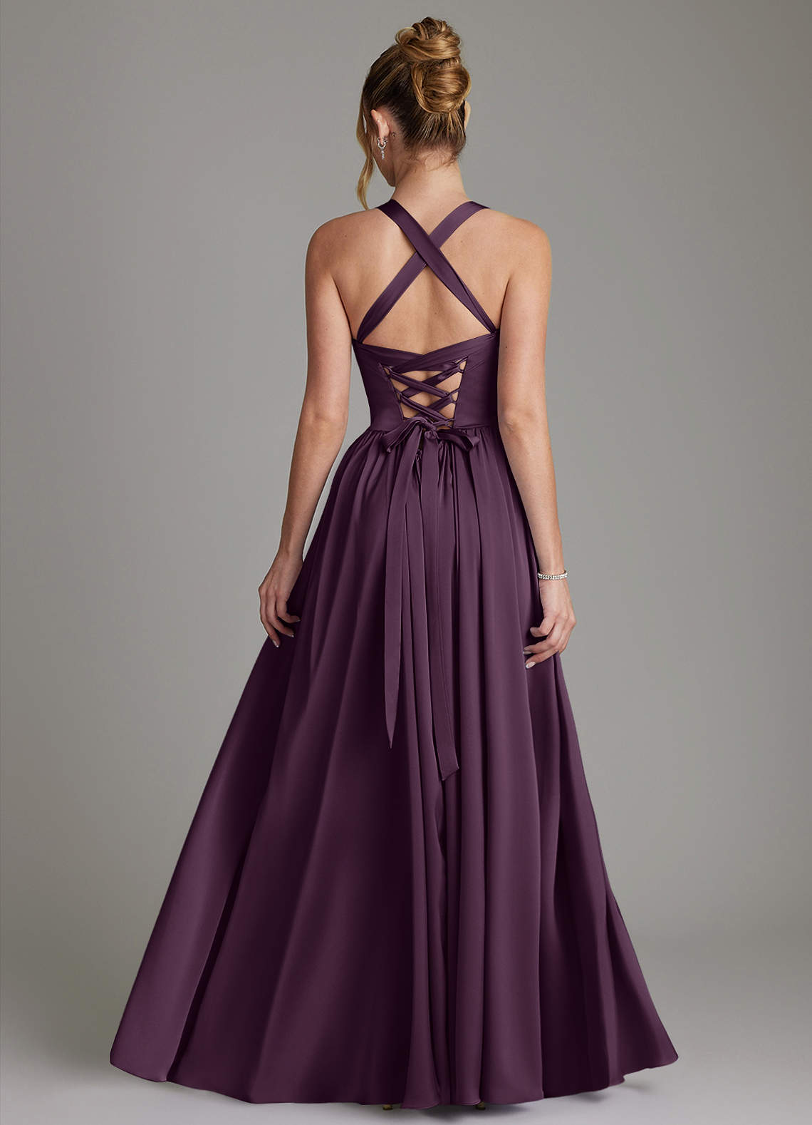 Francis A-Line V-Neck Stretch Satin Bridesmaid Dress in Plum