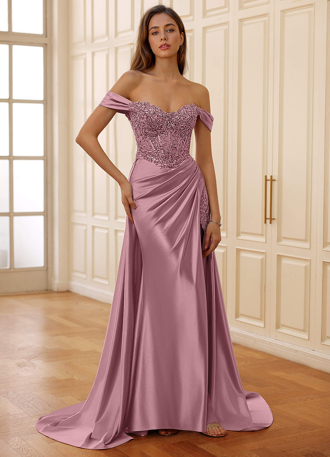 Rowane A-Line Off-the-Shoulder Satin Evening Dress in Dusty Pink
