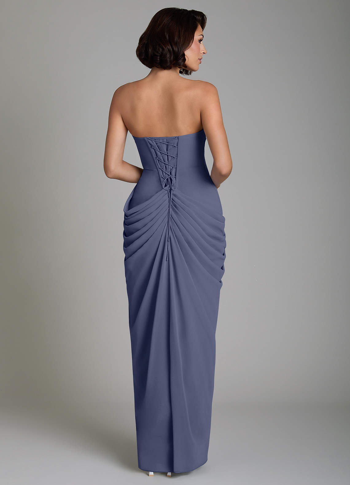 Nyra Sheath Strapless Chiffon Bridesmaid Dress in Stormy