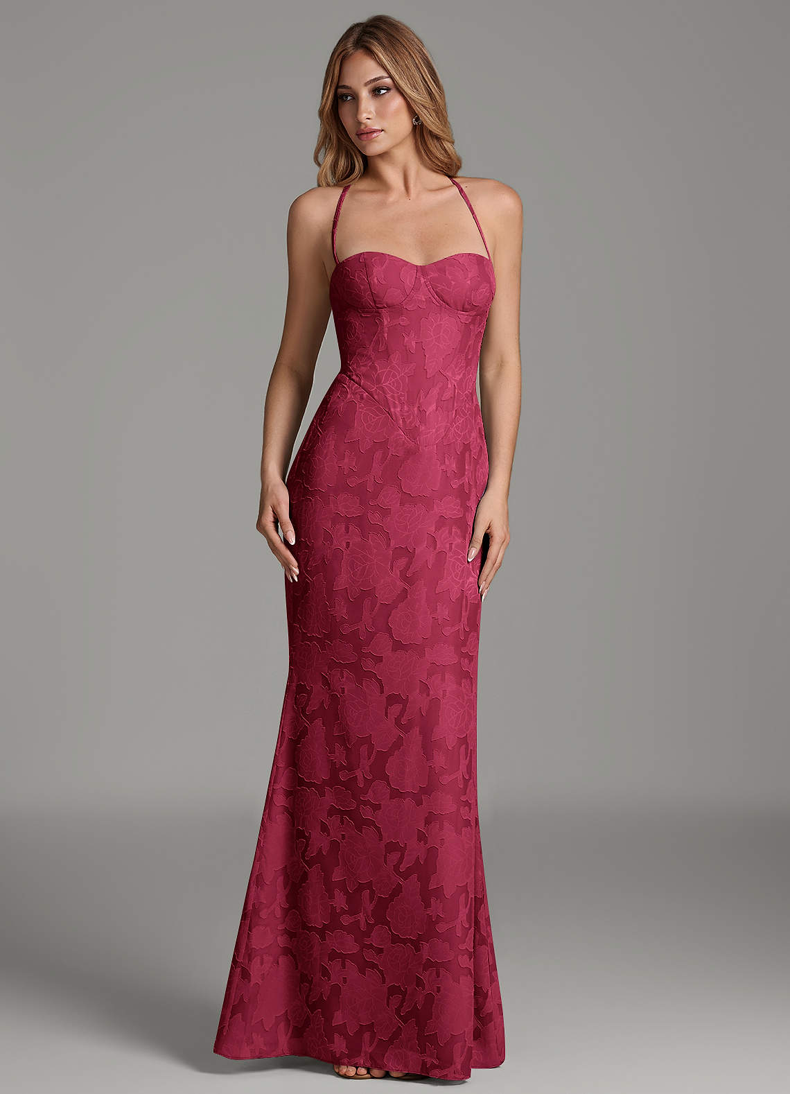 Dara Mermaid Sweetheart Floral Burnout Bridesmaid Dress in Burgundy