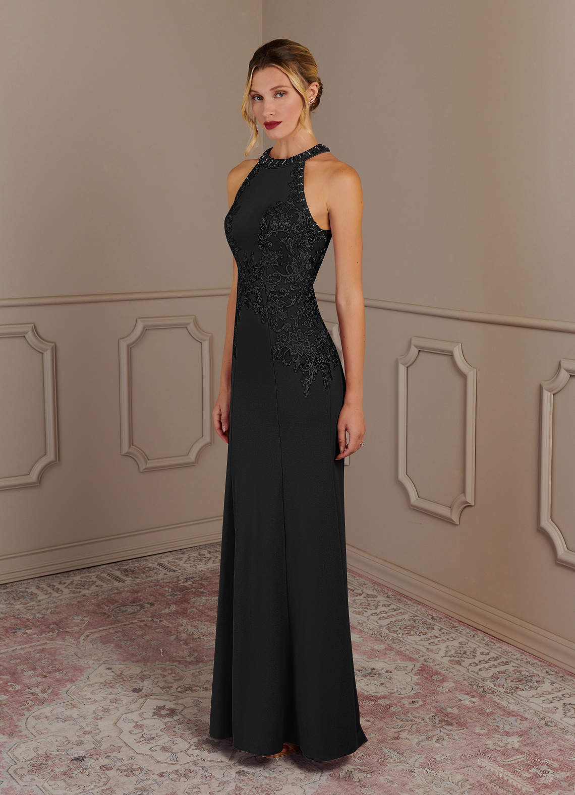 Tyra Mermaid Halter Tulle and Stretch Crepe Mother of the Bride Dress in black
