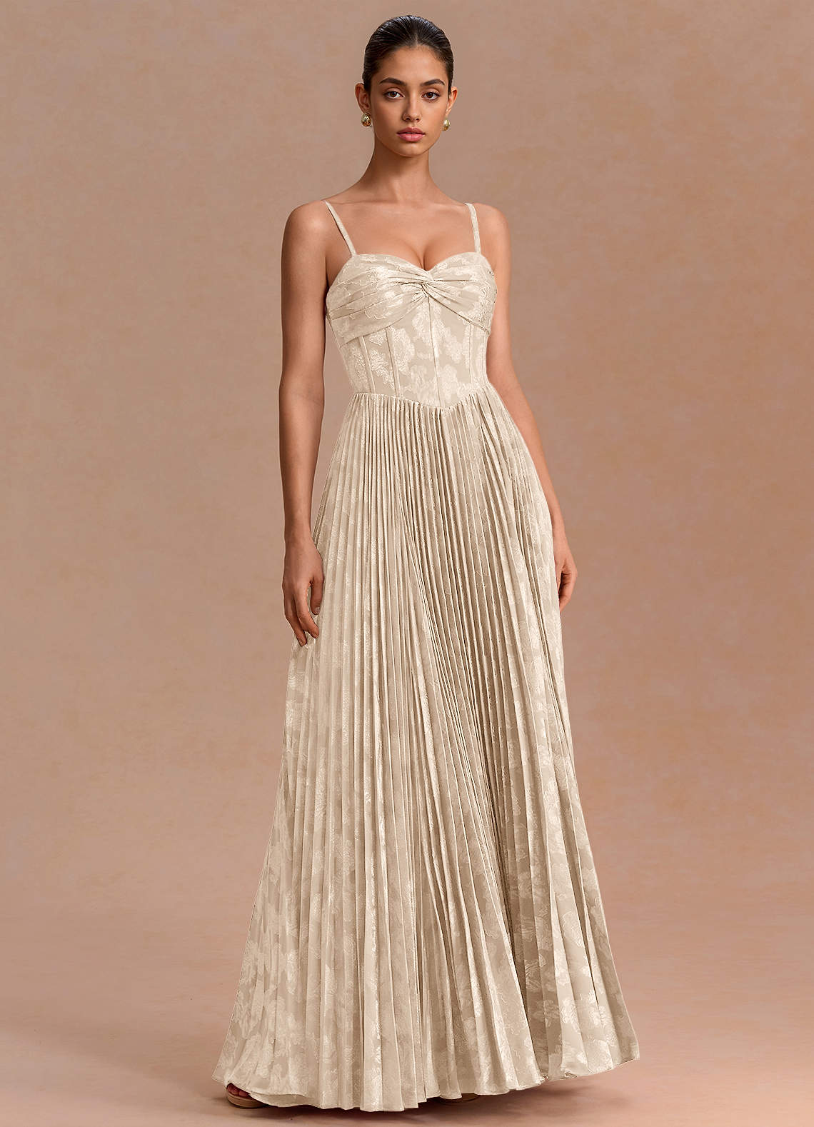 Delfina A-Line Twisted-Bust Fil Coupé Evening Dress in Cream