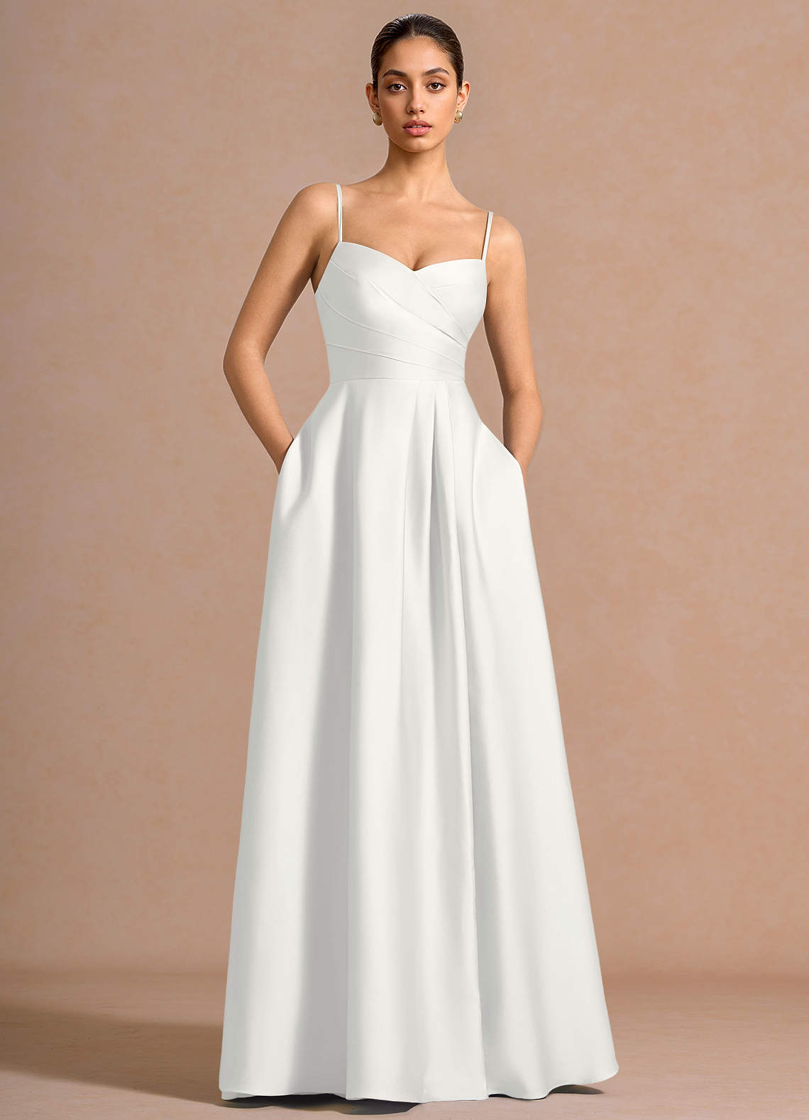 Nancy A-Line V-Neck Stretch Satin and Chiffon Evening Dress in White