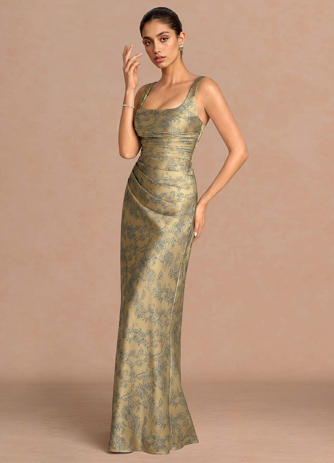 Agustina Square-Neck Pleated Jacquard Evening Dress in Green Brown