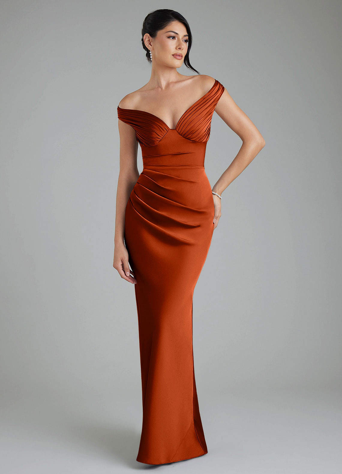 Stella Sheath V-Neck Stretch Satin Bridesmaid Dress in Paprika
