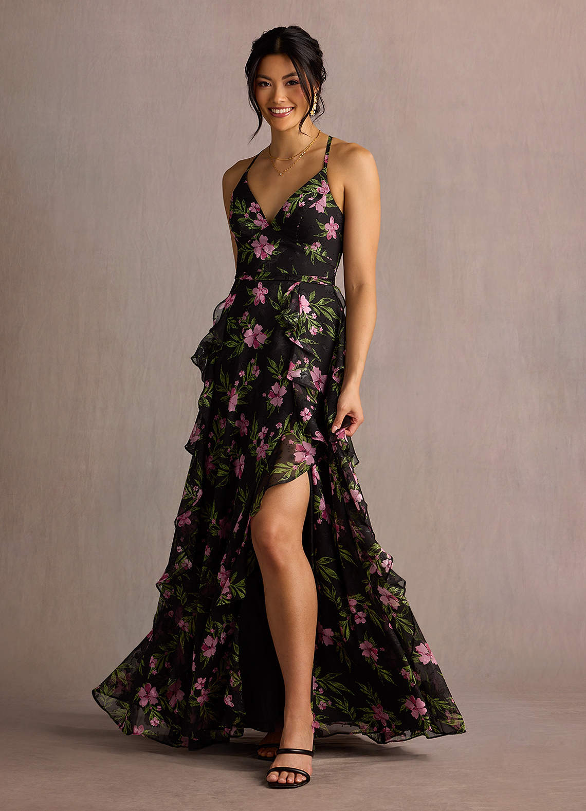 Megan A-Line V-Neck Printed Fil Coupé Wedding Guest Dress in Black Multi Floral
