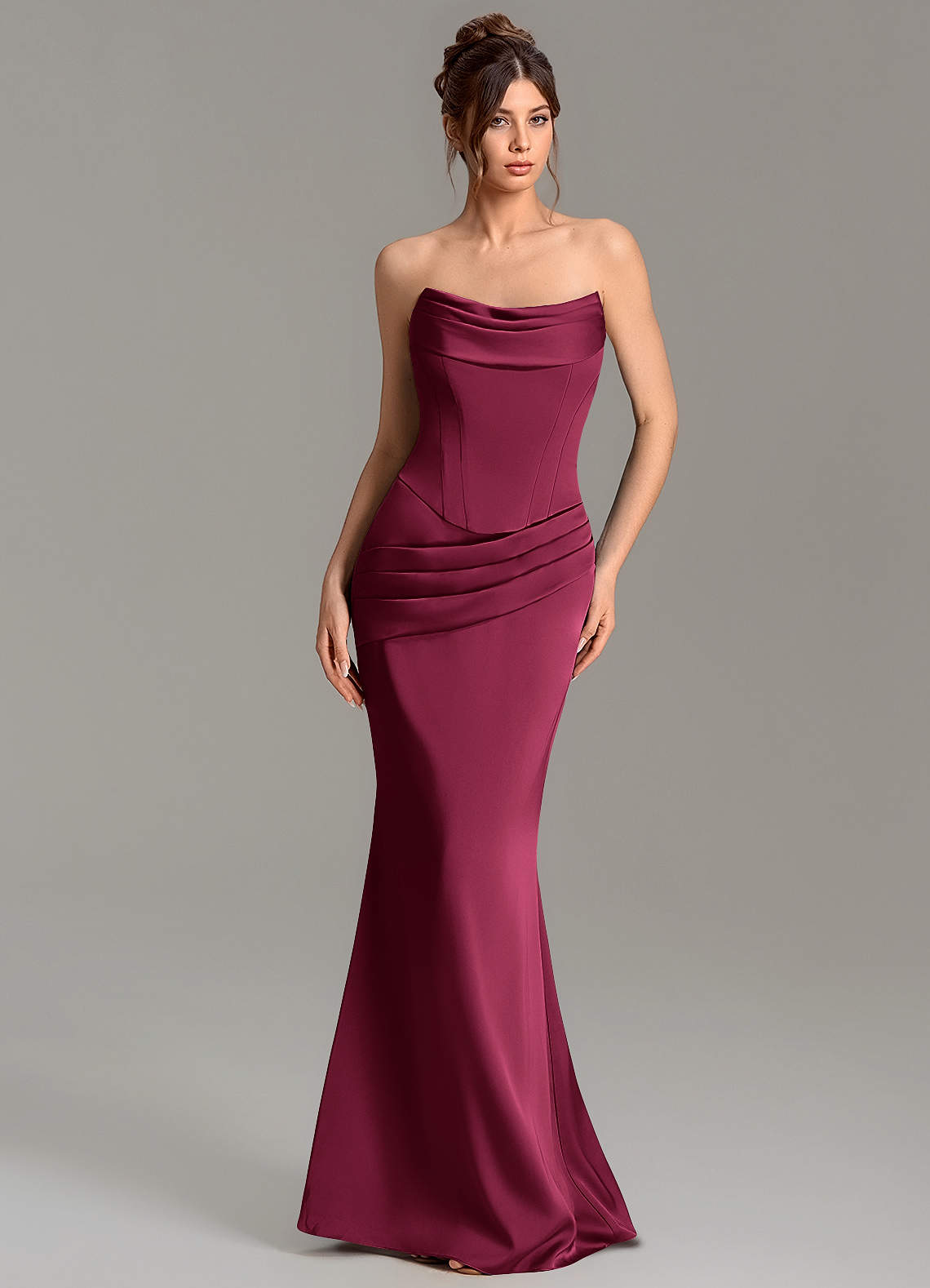 Adrienne Mermaid Cowl-Neck Stretch Satin Bridesmaid Dress in Burgundy