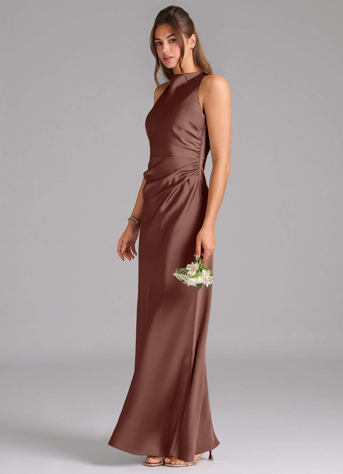 Evadne Sheath Scoop-Neck Stretch Satin Bridesmaid Dress in Espresso