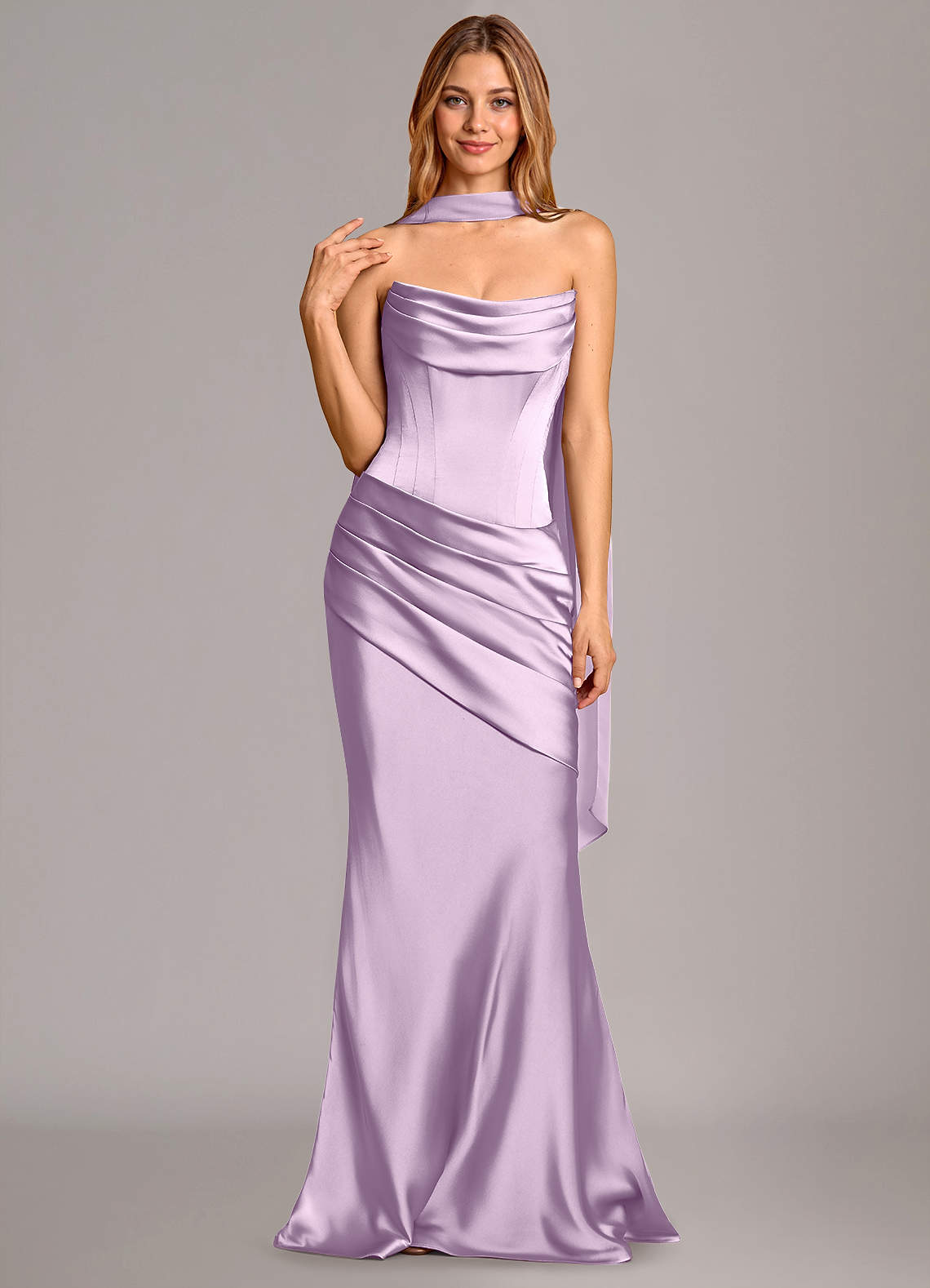 Pelagia Mermaid Cowl-Neck Stretch Satin Bridesmaid Dress in Frosted Lilac