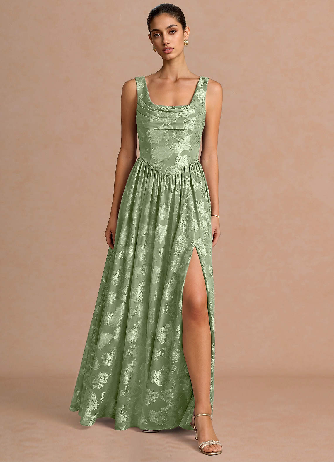 Novi A-Line Draped-Neck Floral Fil Coupé Evening Dress in Lemon Sorbet