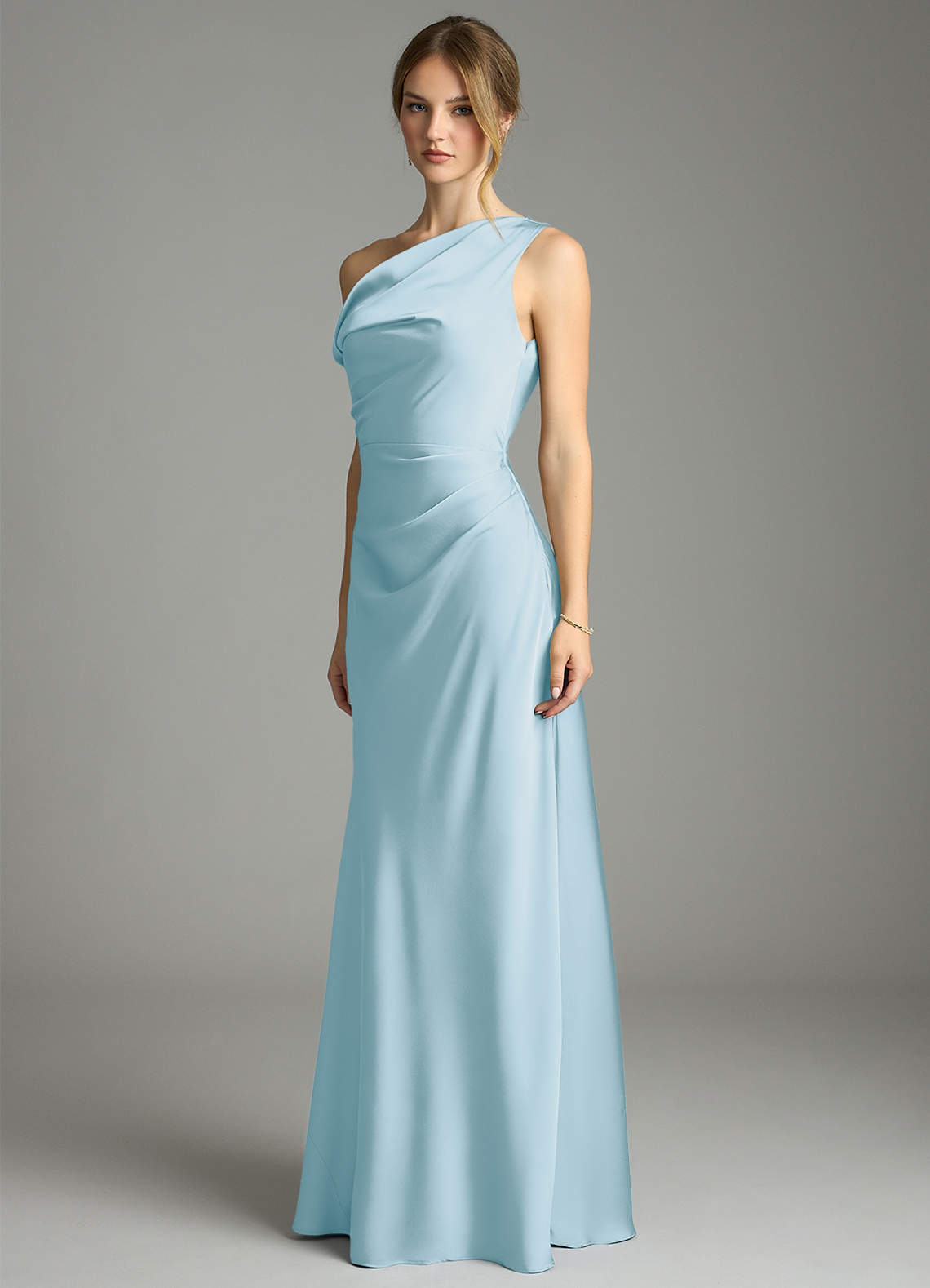 Emerson Mermaid One-Shoulder Stretch Satin Bridesmaid Dress in Sky Blue