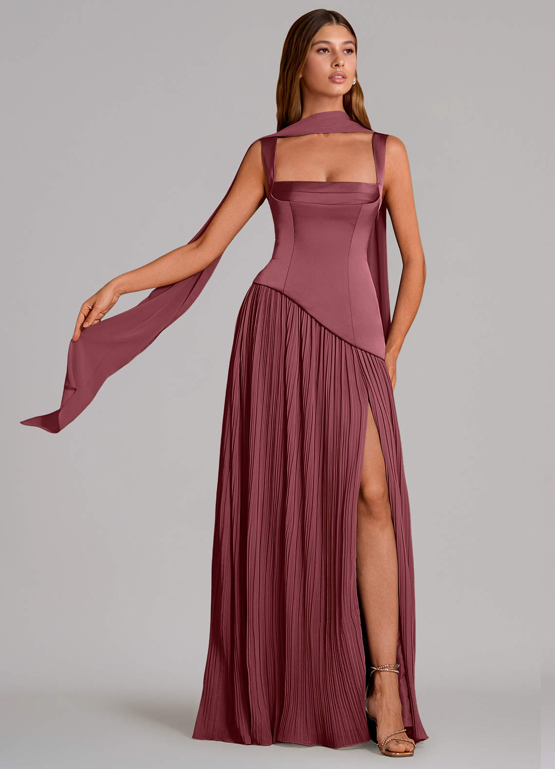 Stephanie A-Line Square-Neck Stretch Satin and Chiffon Bridesmaid Dress in Desert Rose
