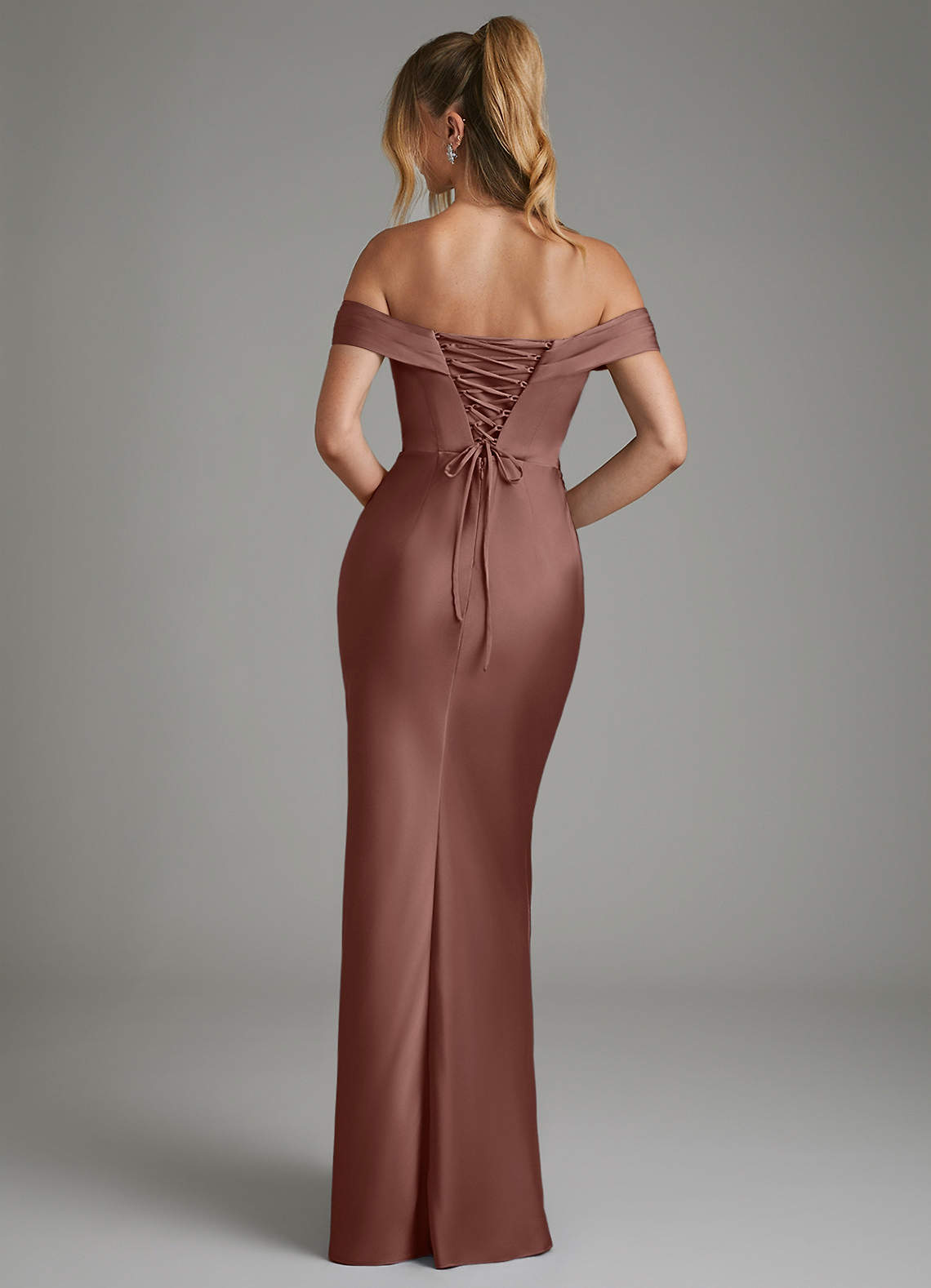 Hayden Mermaid Off-the-Shoulder Stretch Satin Bridesmaid Dress in Espresso