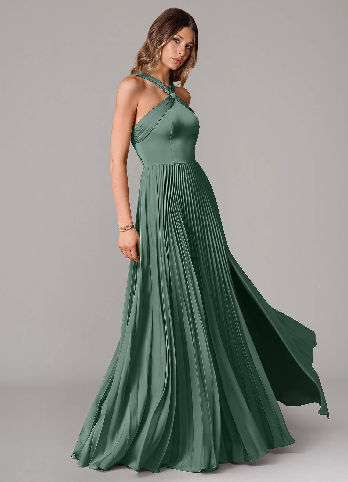 Afra A-Line Halter-Neck Stretch Satin Bridesmaid Dress in Eucalyptus
