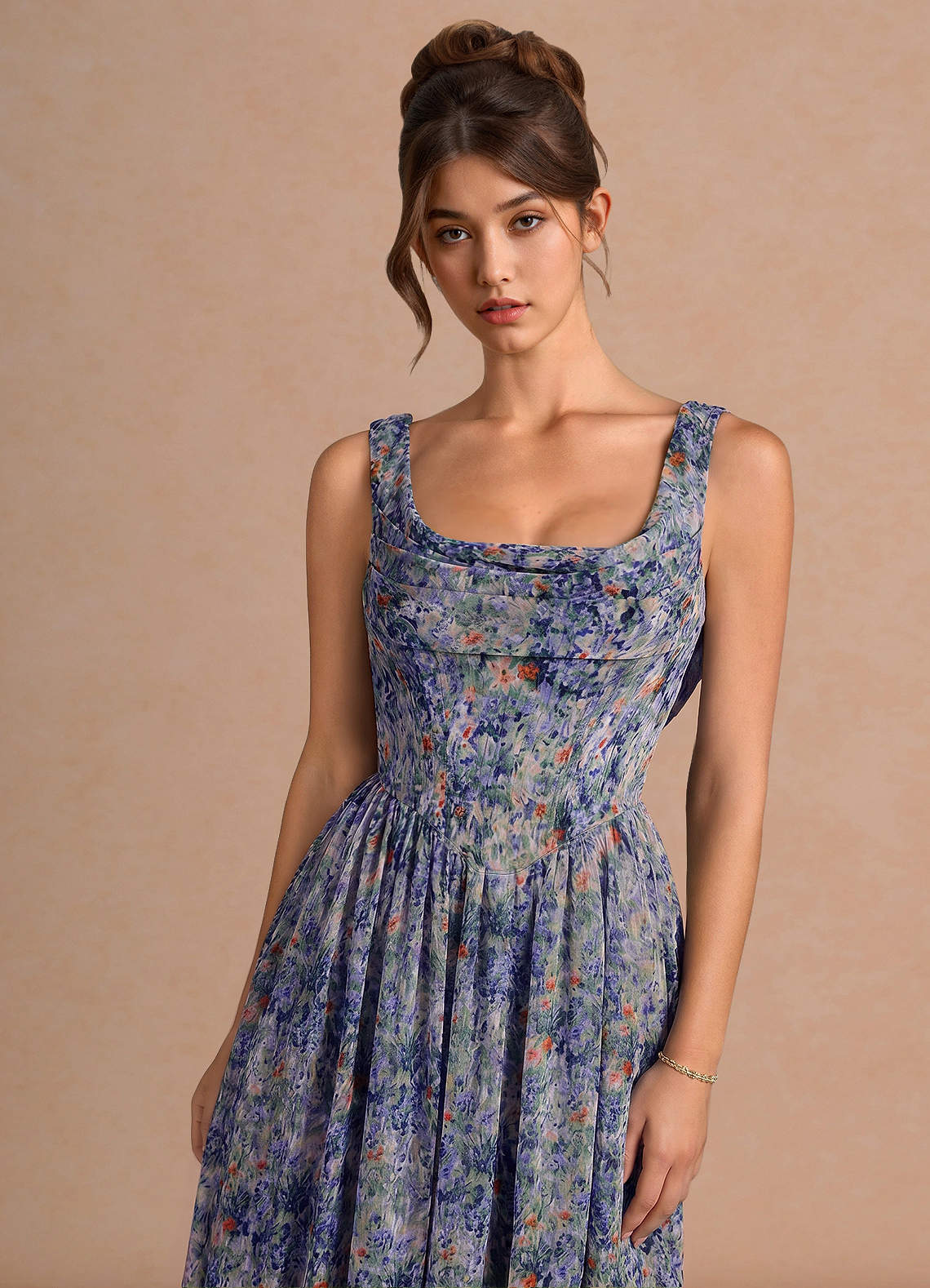 Aurore A-Line Cowl-Neck Chiffon Wedding Guest Dress in Lilac Floral