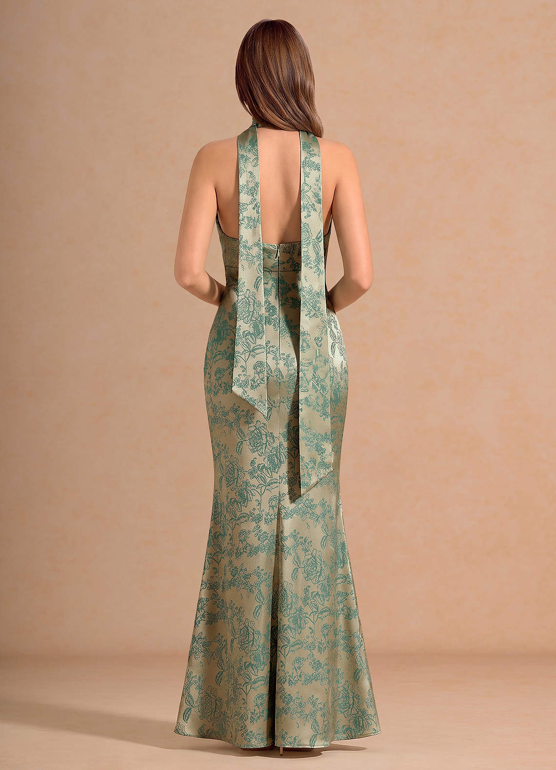 Ottoline Plunging V-Neck Open-Back Jacquard Evening Dress in Platinum Teal