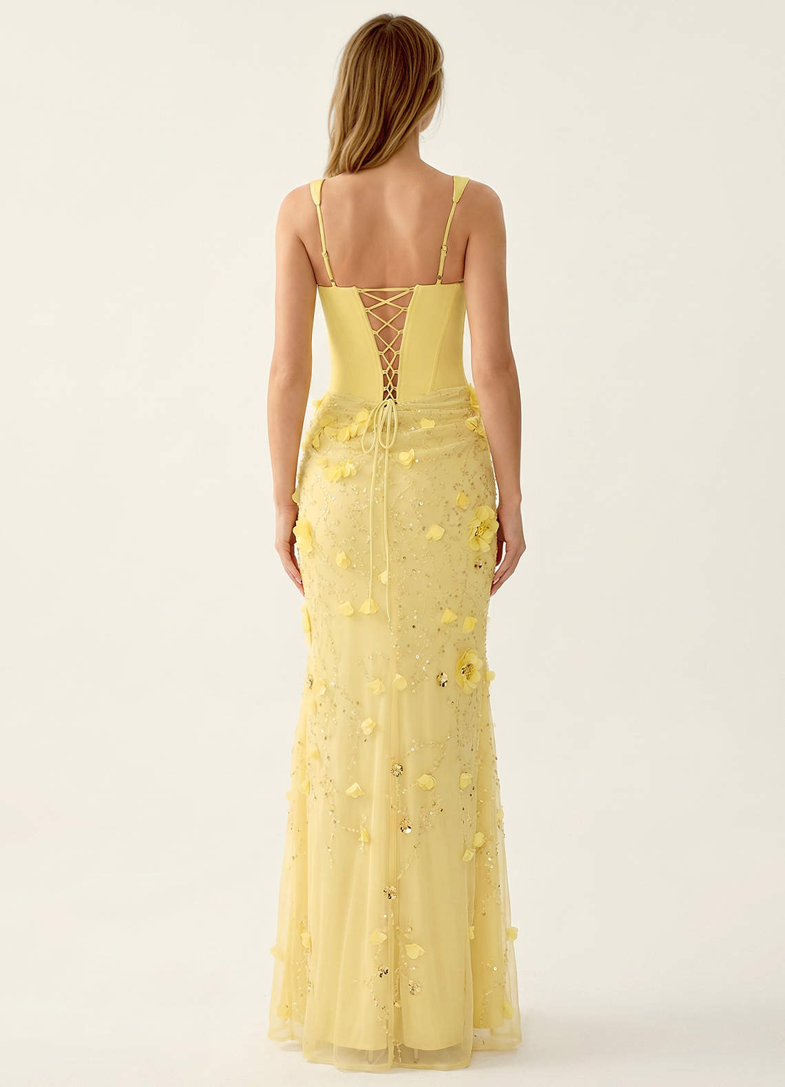 Belinda Mermaid Square-Neck Sequined Tulle Evening Dress in Yellow