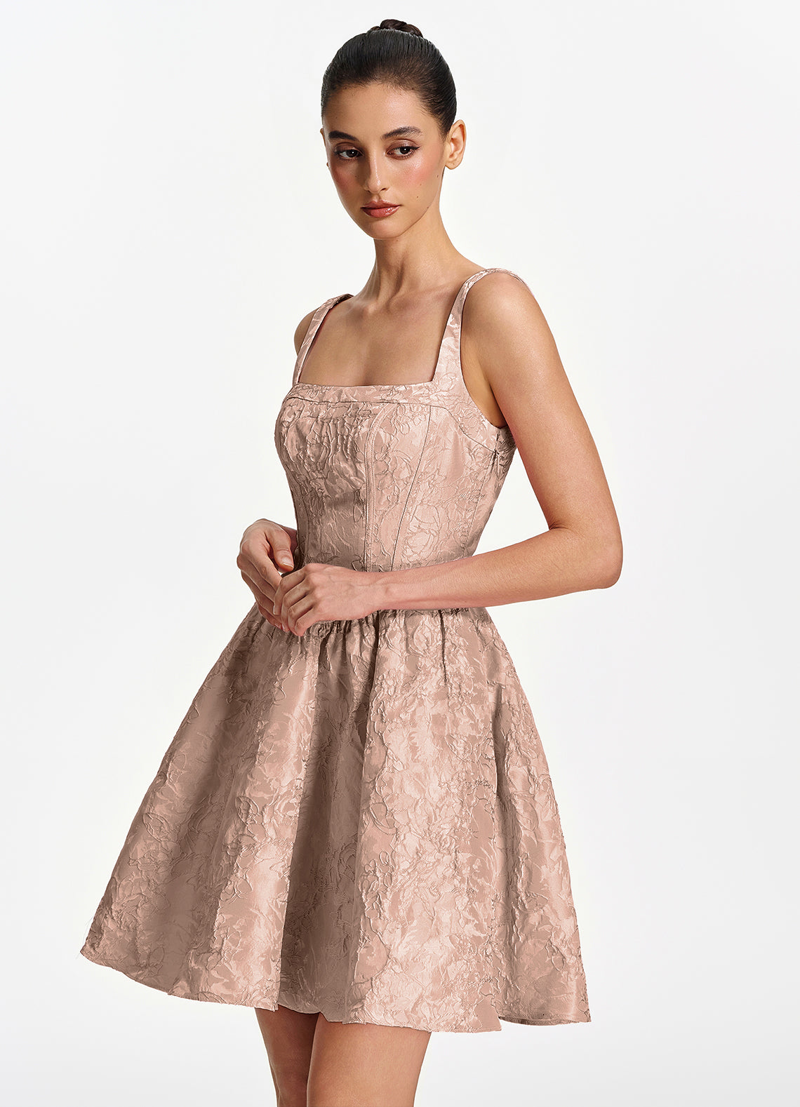 Lionelle Skater Mini Square-Neck Jacquard Prom Dress in Light Apricot - photo 4