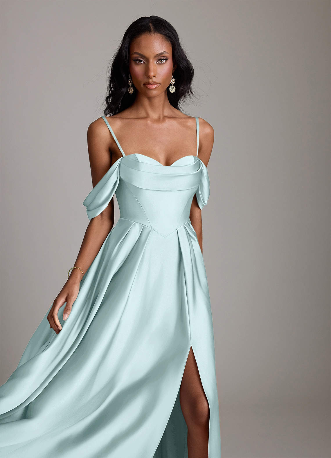 Loisa A-Line Off-the-Shoulder Stretch Satin Bridesmaid Dress in Sea Glass
