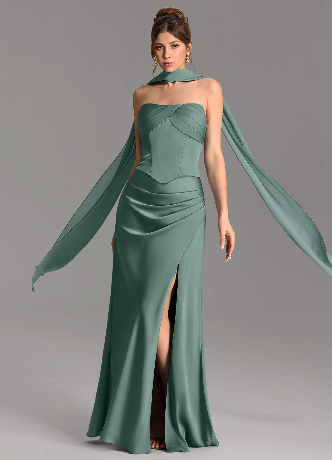 Nicki Sheath Scoop-Neck Stretch Satin Bridesmaid Dress in Eucalyptus
