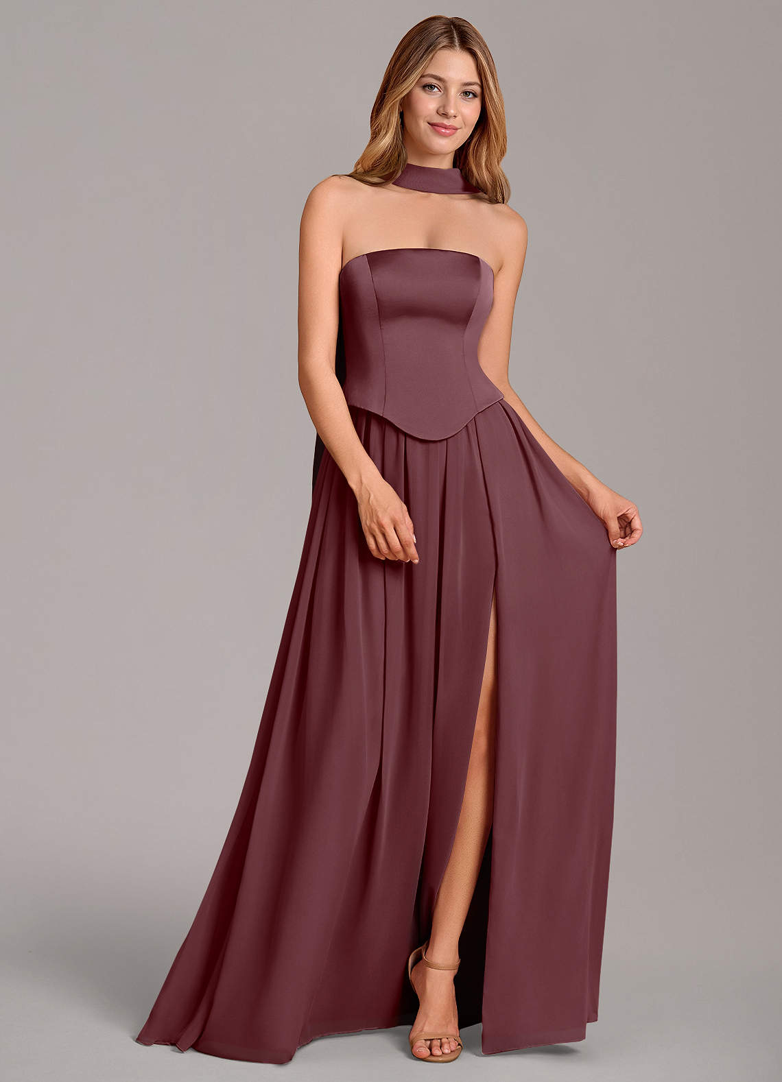 Cadence A-Line Strapless Chiffon and Stretch Satin Bridesmaid Dress in Sangria