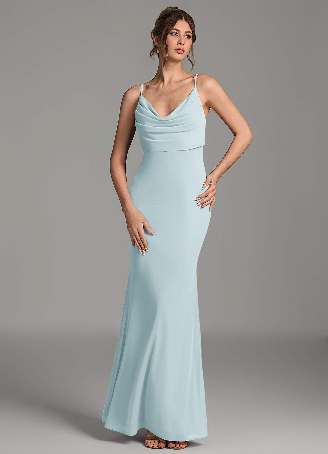 Zari Mermaid Cowl-Neck Mesh Bridesmaid Dress in Mist